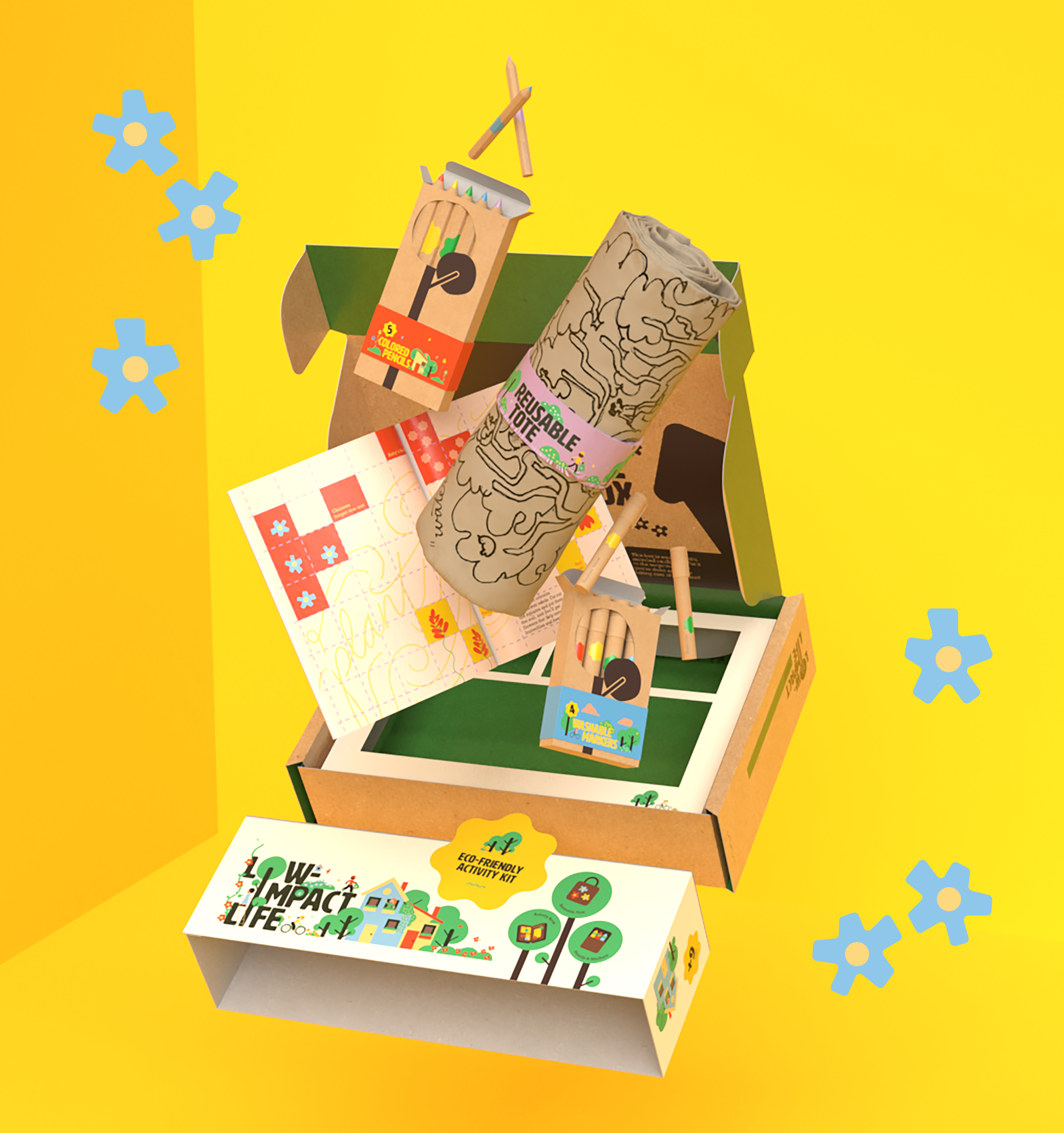 Splash image showing three-quarter shot of the Low-Impact Life gift box and its contents