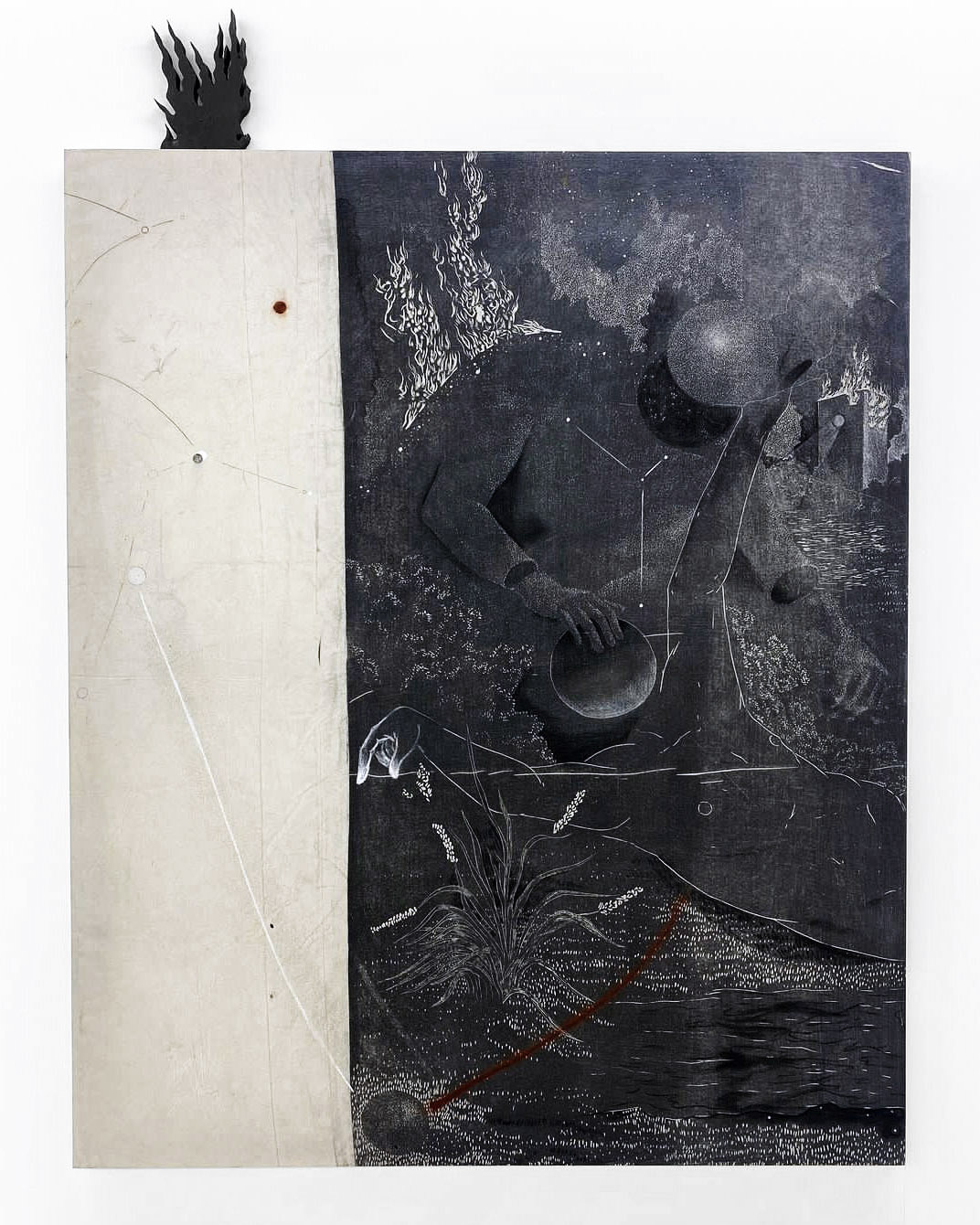 Invocar la noche. 70"x55". Woodcut, tezontle pigment, charcoal, and foam. 2022