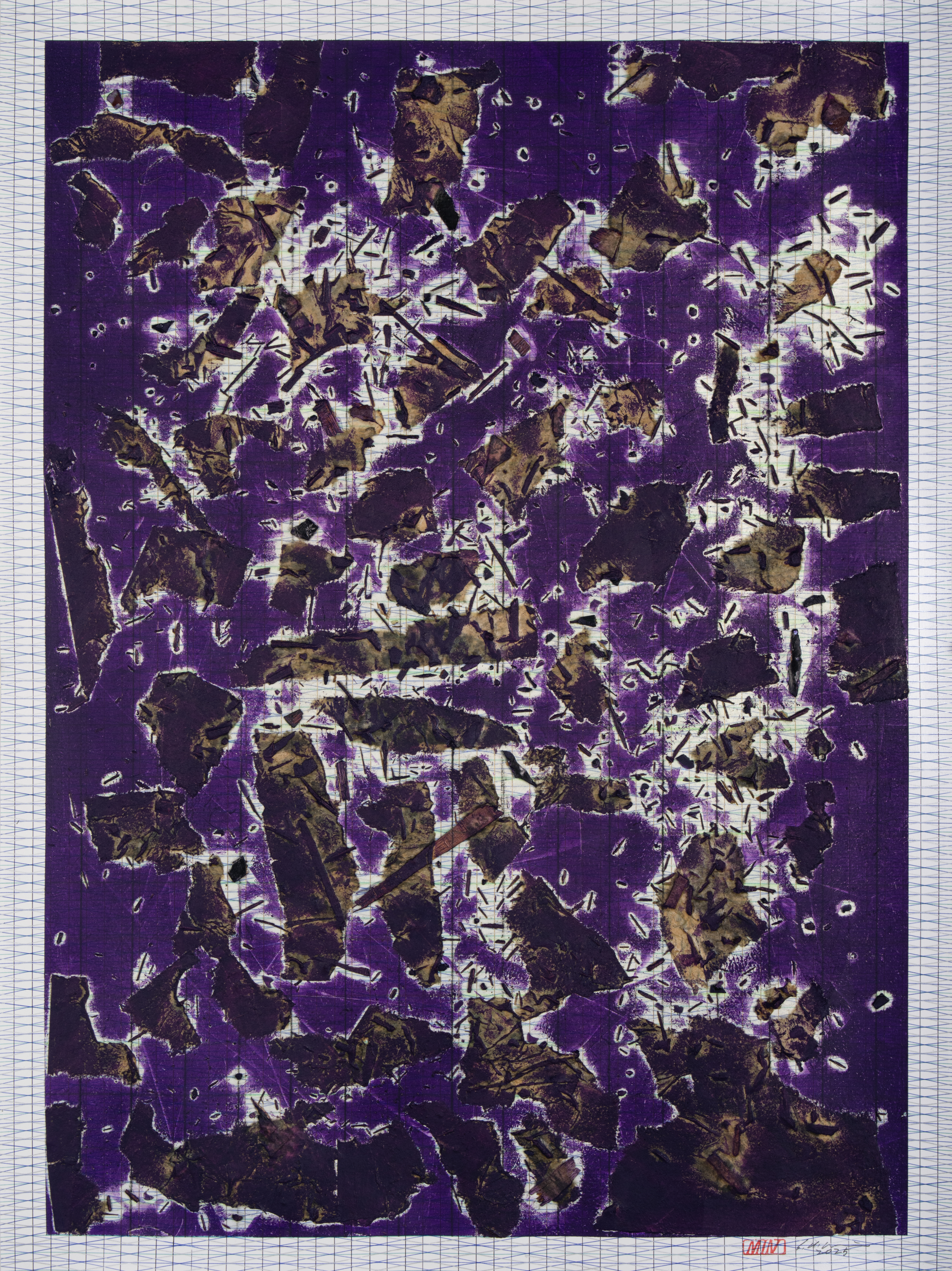 Exercise for Collage (Debris 1) — Fragments of collected object and lendscape painting, ballpoint pen, chalk powder, oil on paper 73 x 53.5cm, 2025 