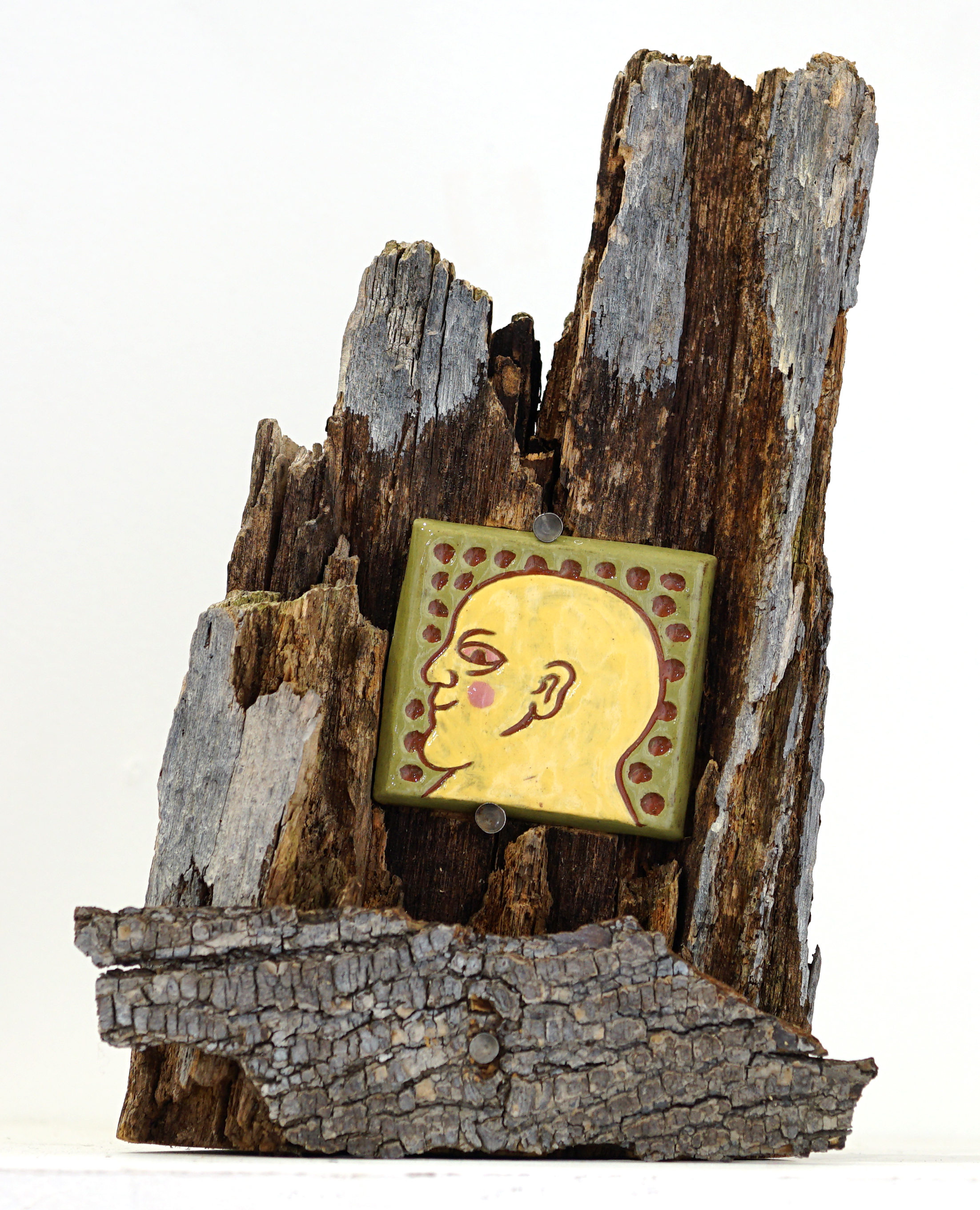 "Gnome's House," found wood with milk paint and ceramic tile