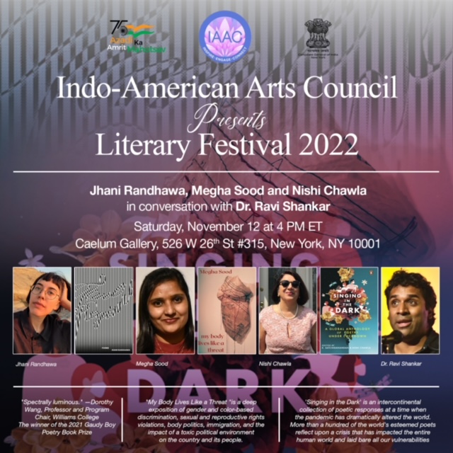Event poster for Info-American Arts Council Literary Festival reading and conversation with Jhani Randhawa, Megha Sood, Nishi Chawla, and Ravi Shankar. November 2022.