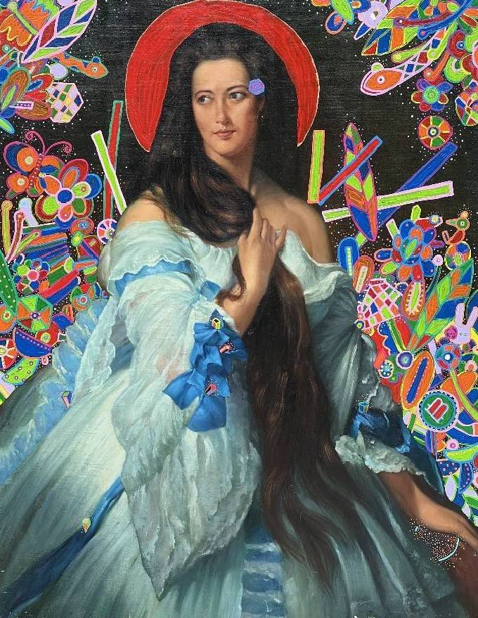 花園裡的夫人。Lady in the garden。Oil painting. Acrylic paint. Ready-made objects, Cm 89x114, 2022