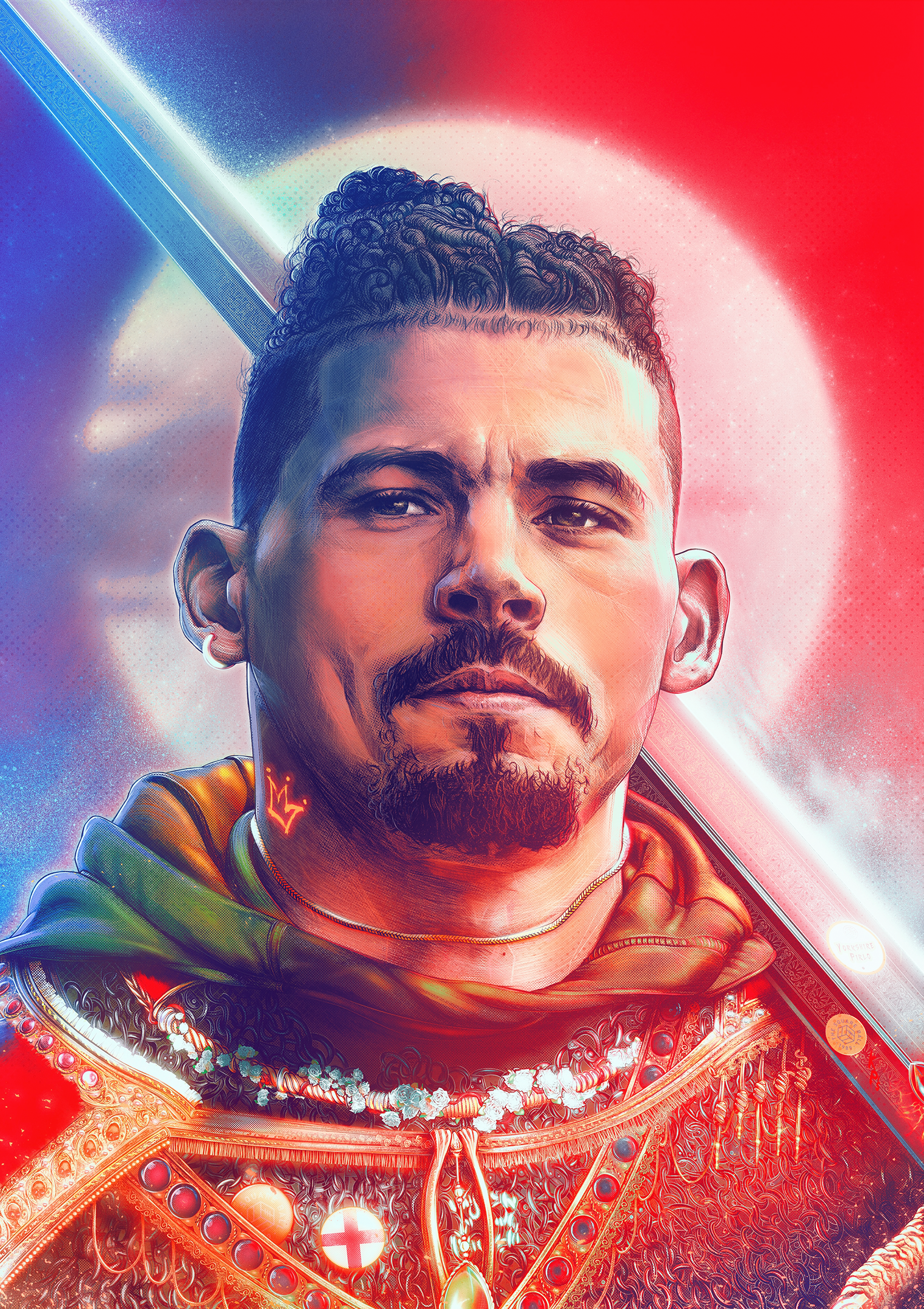 Stylized portrait illustration of midfielder Kalvin Phillips in Leeds colors with bold graphic lines, by John Tregoning