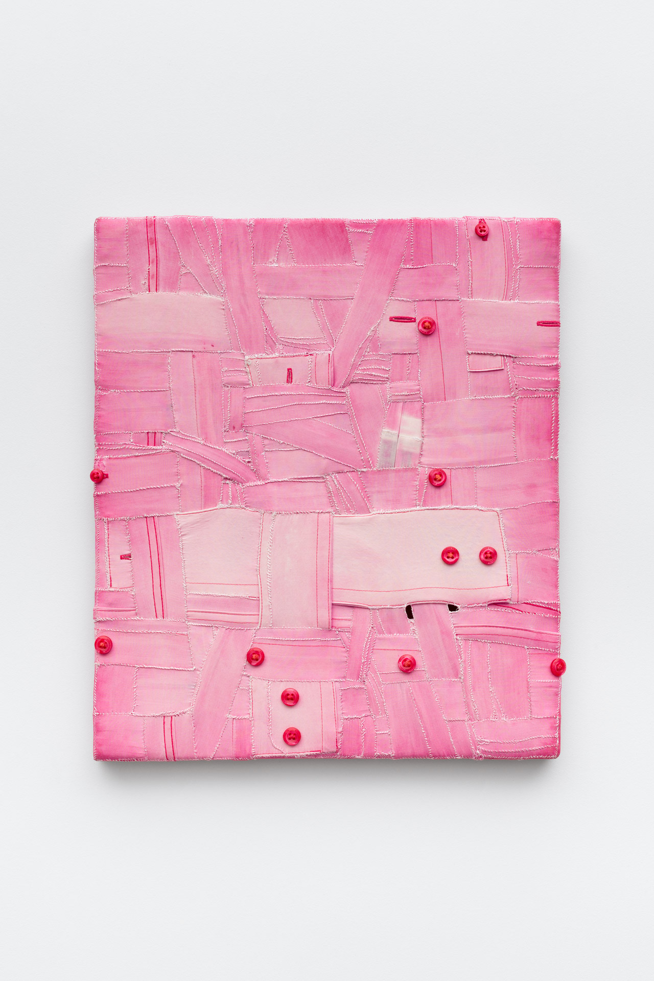 ’Henrique’, 2024. Deconstructed men’s shirt hand stitched over wooden stretchers. 35 x 30 cm 