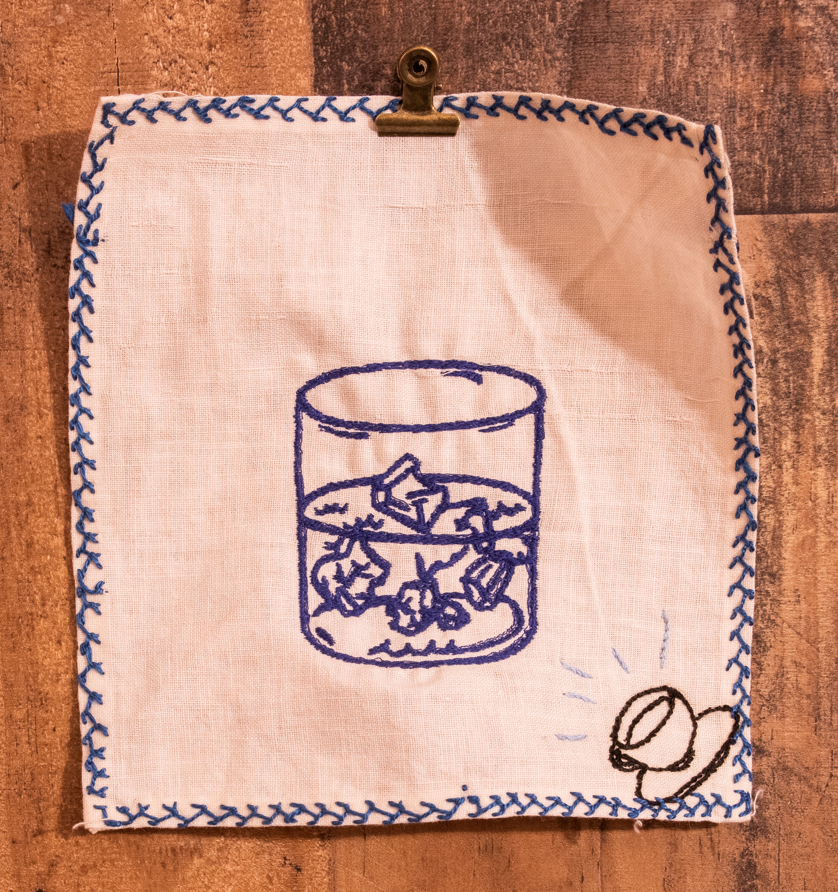 Azikiwe Mohammed, Chilled Pierre Ferrand, 2021, Embroidery 8 x 7 inches. Image courtesy the artist.