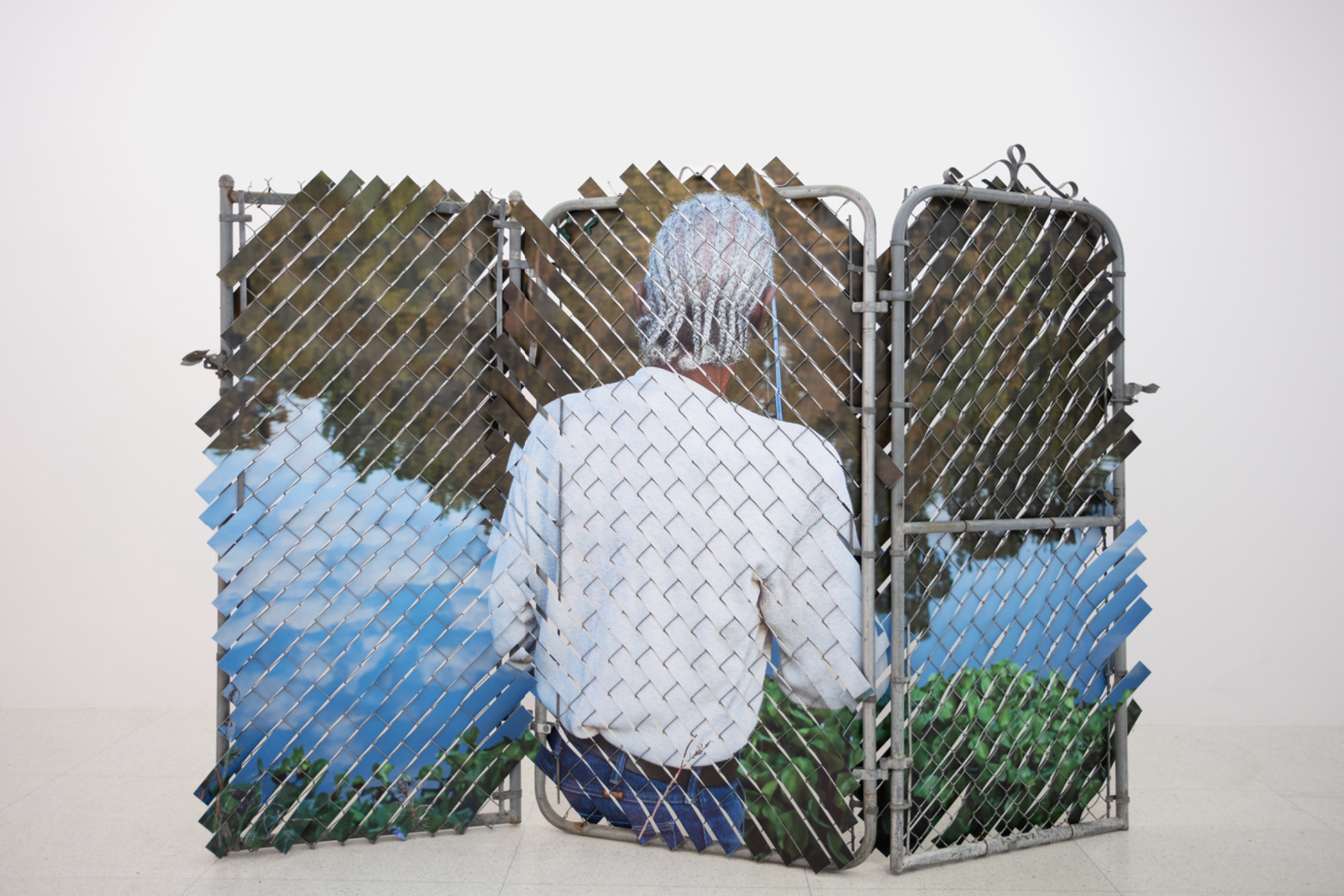 And He Said He Ain’t Goin’ Back (Ruben, Shreveport), 2022 steel, chain link mesh, UV print on synthetic resin 96 × 74 × 4 in | 243.8 × 188 × 10.2 cm (Collection of Los Angeles County Museum of Art)