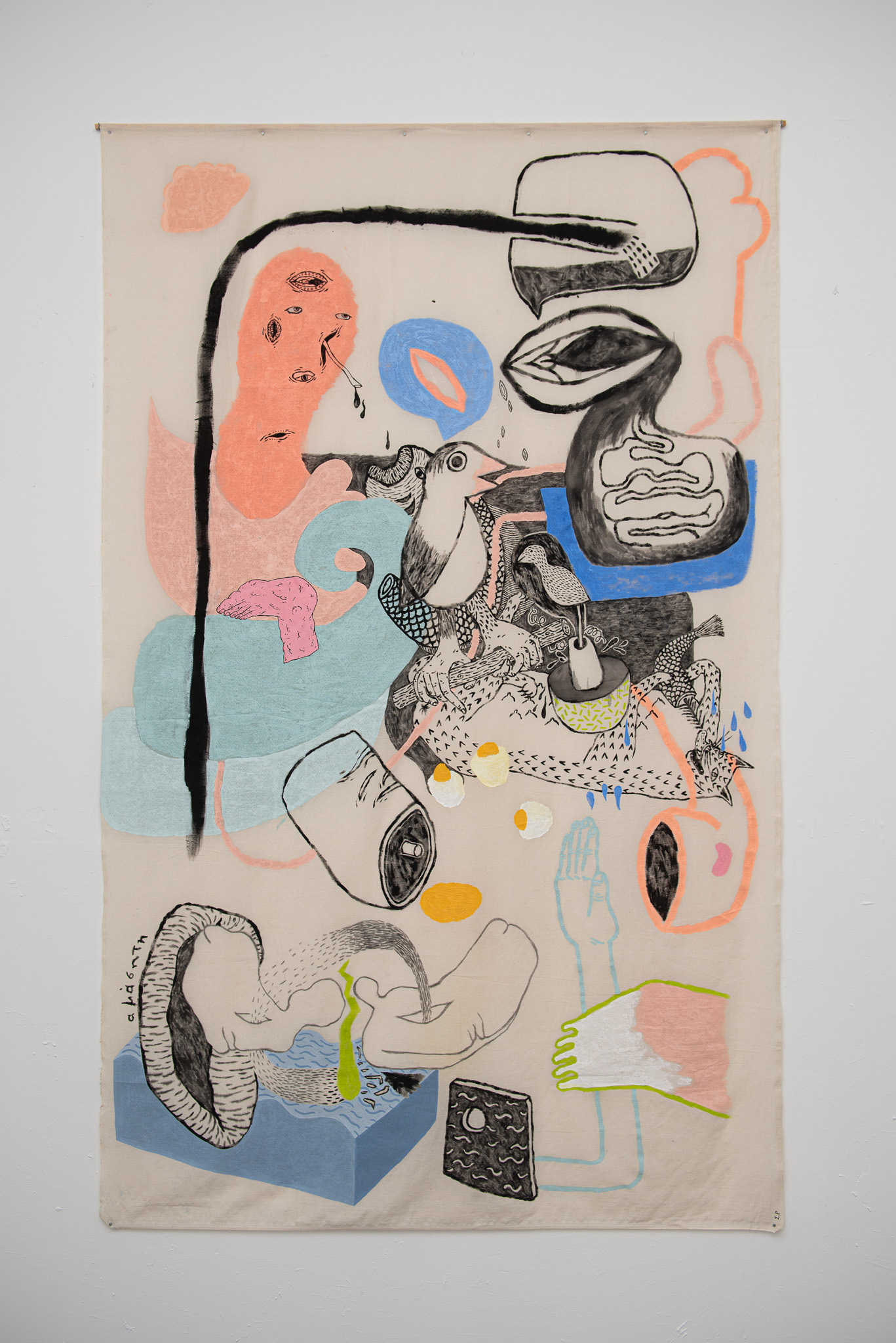 playdough foreplay for restless sleepers, 2019, acrylic paint, charcoal, gouache on canvas, 210 x 128 cm
