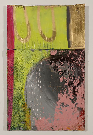 Behind Sam’s House24” x 36”Acrylic and latex paint, spray paint, plaster, vinyl spackle, silicone, bubble wrap on panel2013