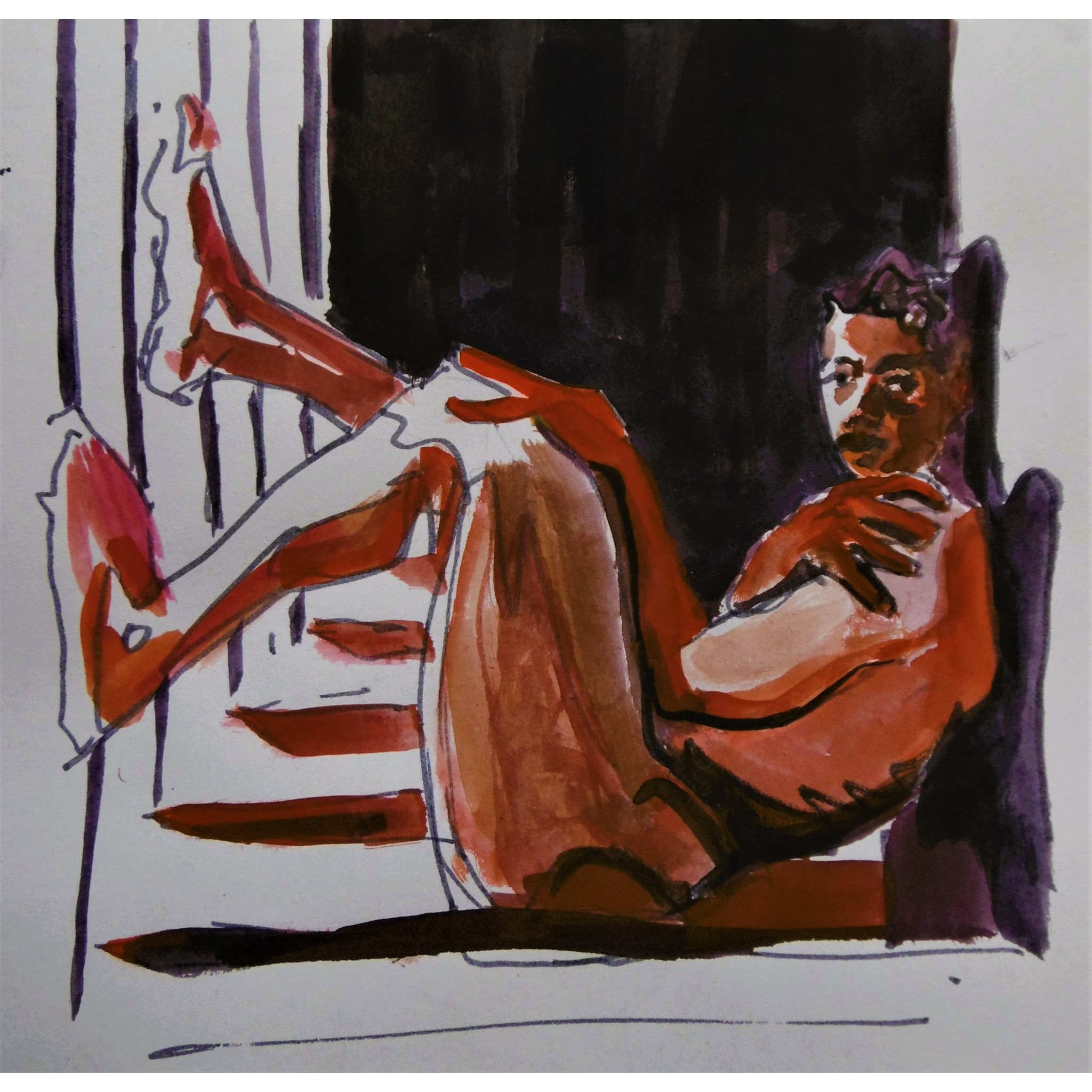 Mai - On the Stairs, Watercolour on paper, 