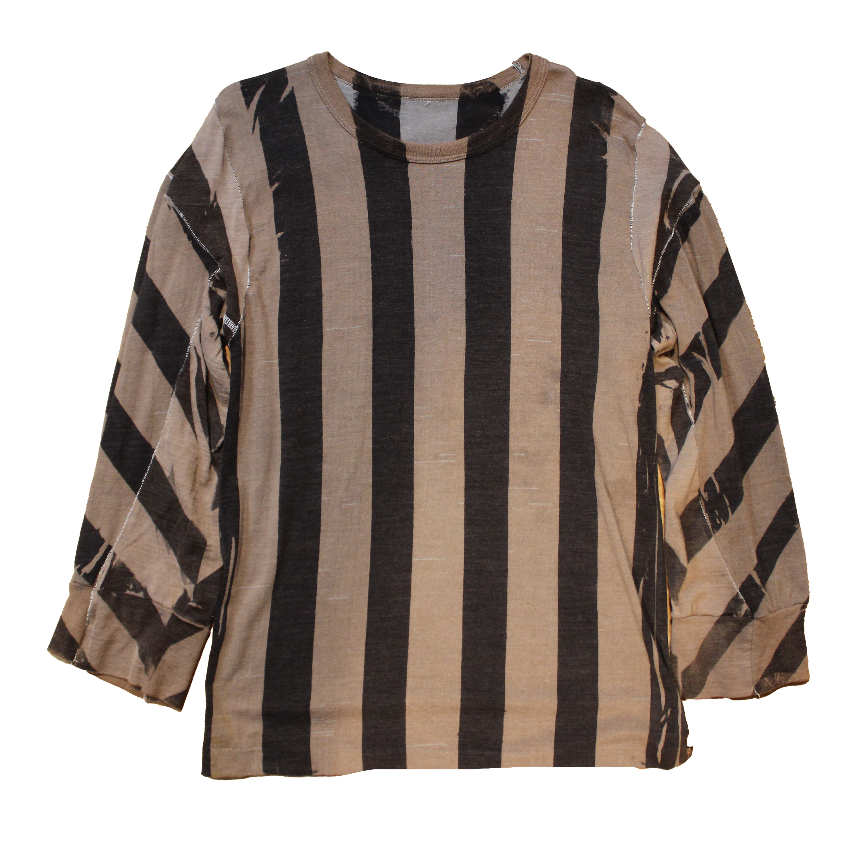reclaimed vintage surplus thermal shirt tailored to have a boxy fit and wide sleeves. Allover printed with stripes using textile dye