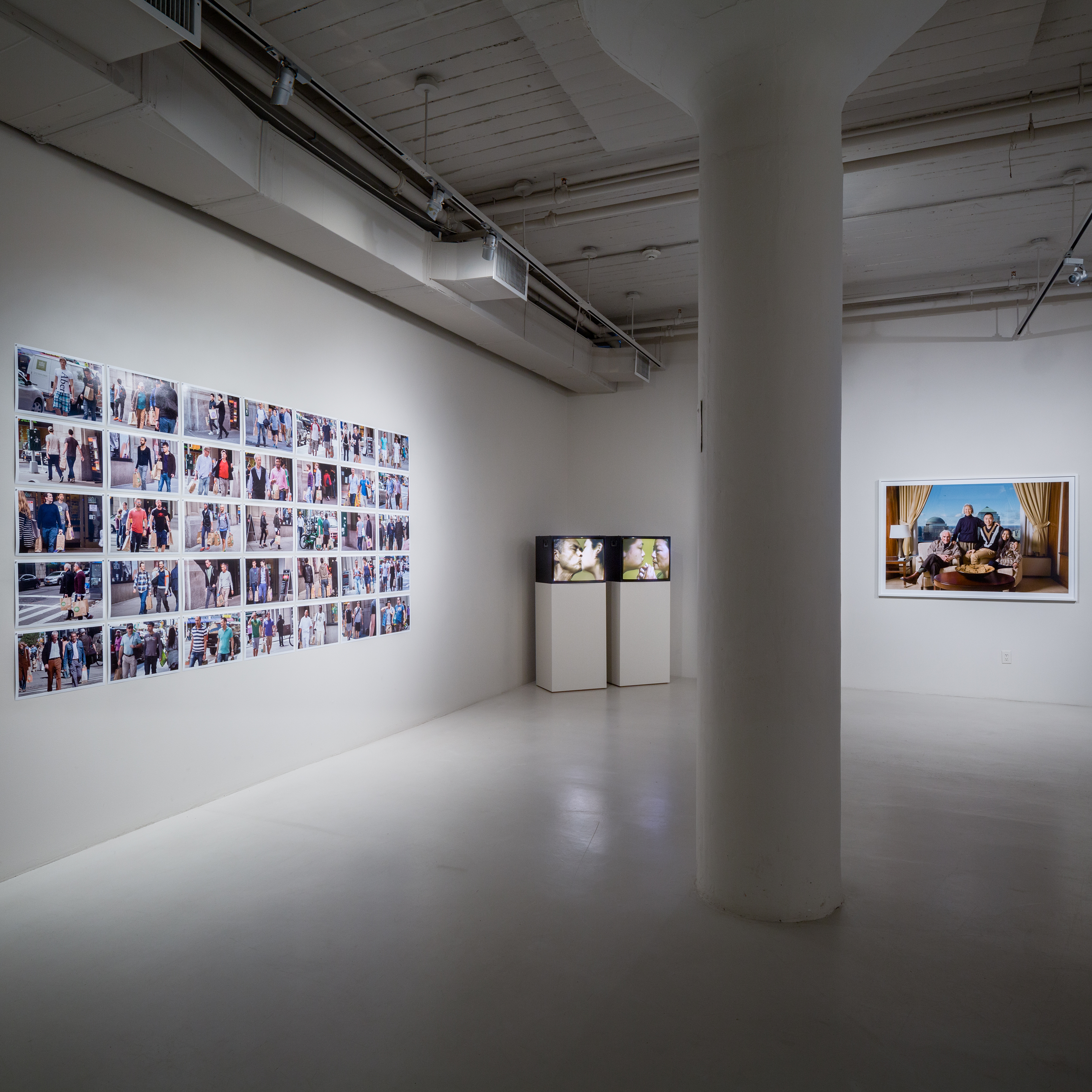 Neil Goldberg, selections from  The Gay Couples of Whole Foods, 2013-15; inkjet on archival paper, 60.5 x 119 in. Patty Chang, In Love, 2001, two channel video installation, 3:28 min. Jamie Diamond, The Hiltons , 2008, archival pigment print, 40 x 60 in. (Credit Rafael Gamo.)