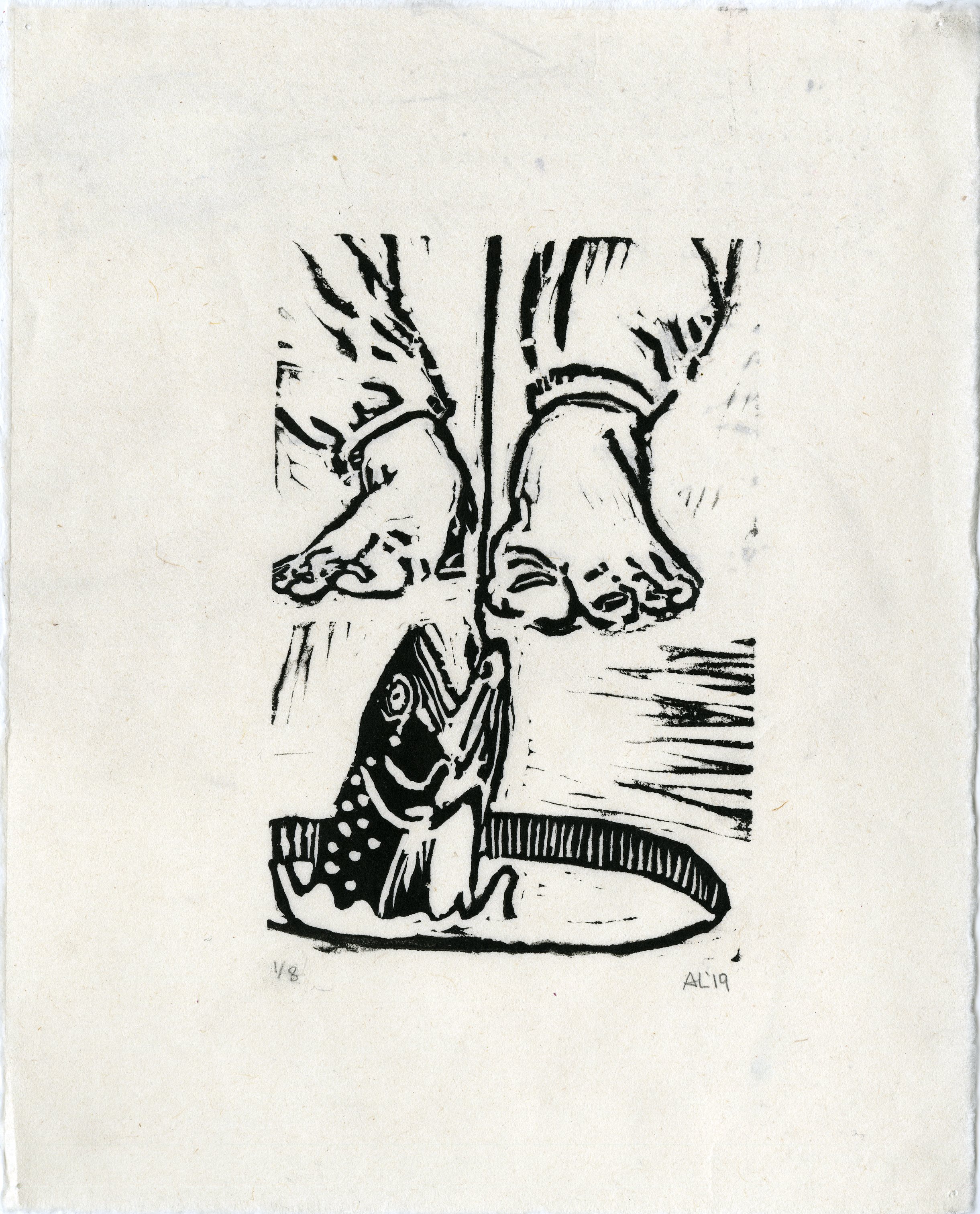 rattle reel 2019 linoleum print