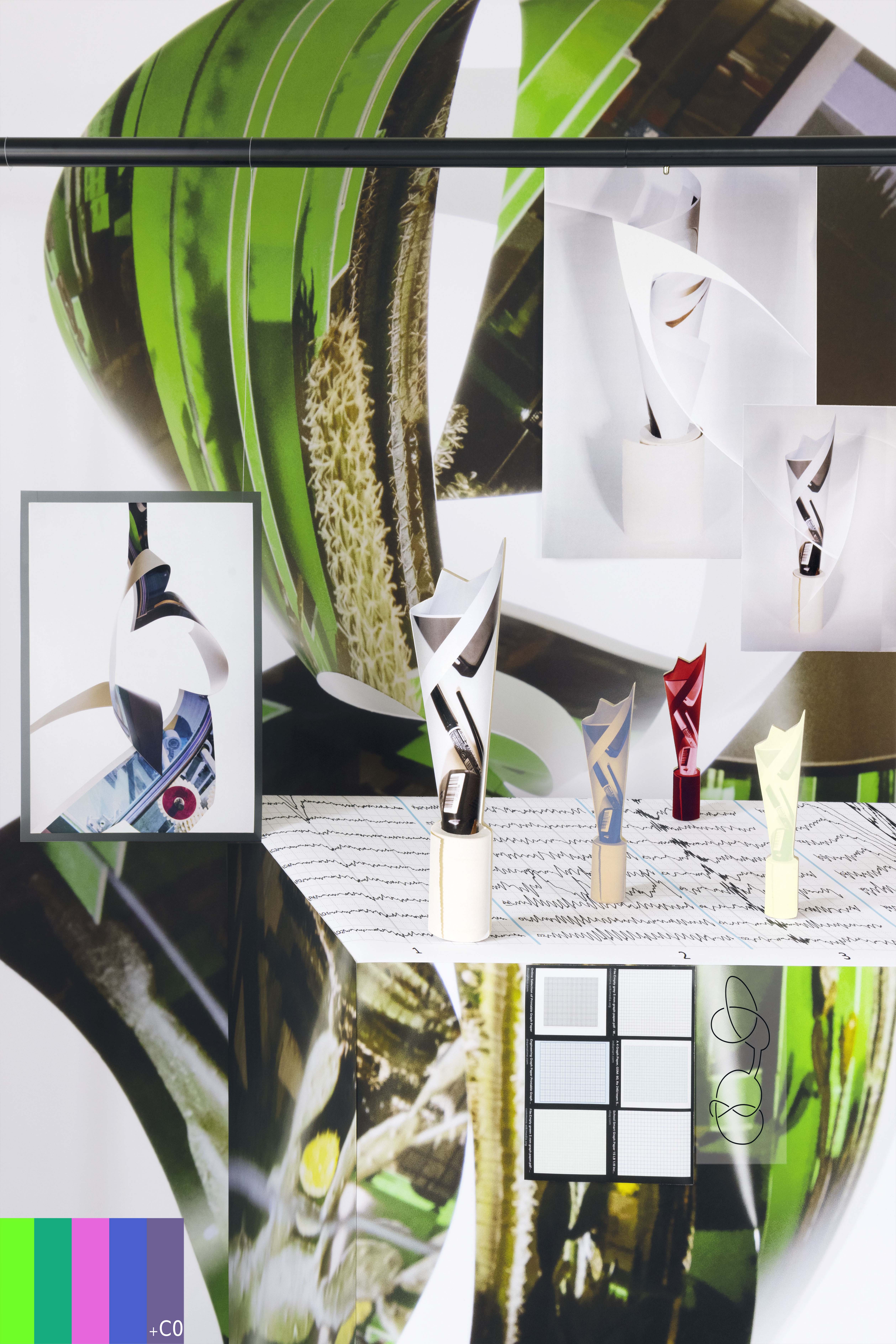 Softly Amorphous (wood-mounted paper replica, gear system, cacti, EEG, prime knots), 2023