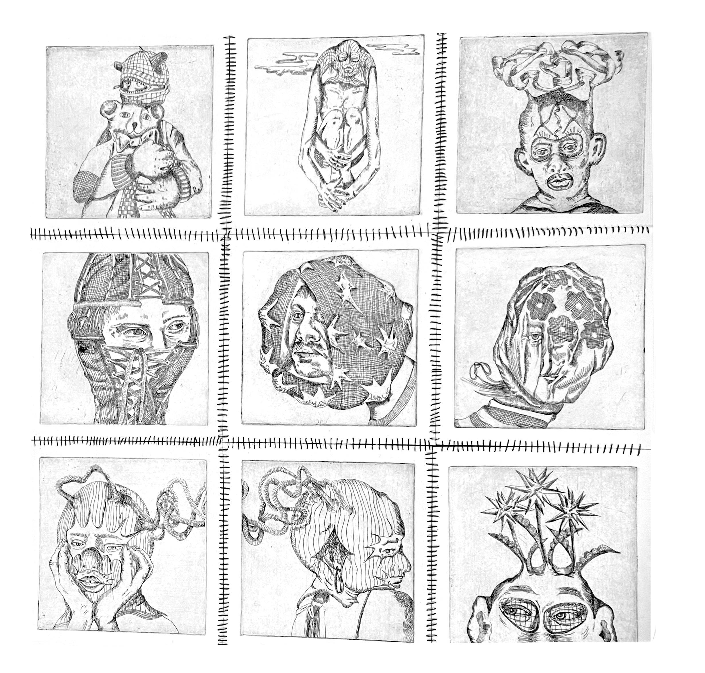 skin suit series,  hard ground etchings sewn together 4x4, 2021