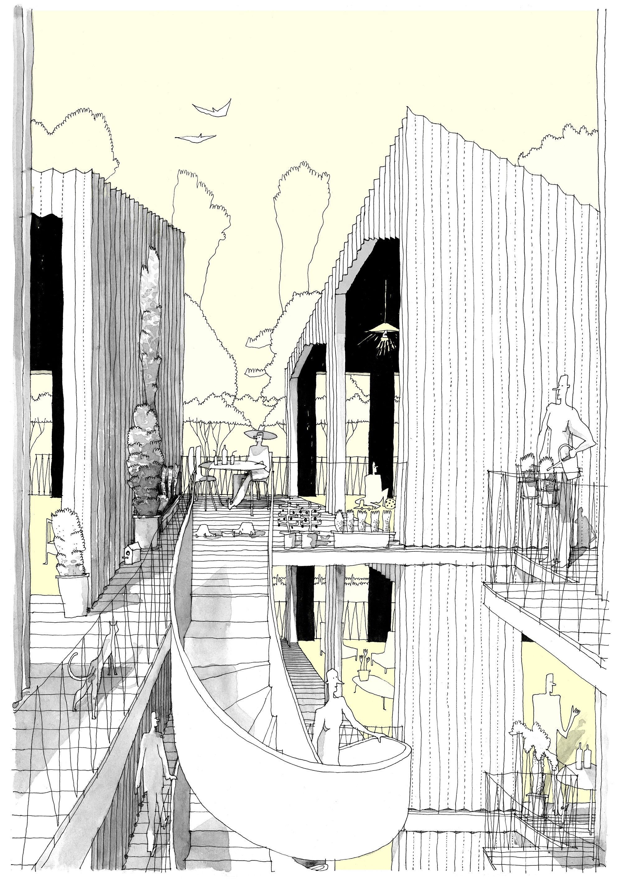 Espaces privatifs ouverts des logements collectifs - dessin d'illustration Guillaume Ramillien