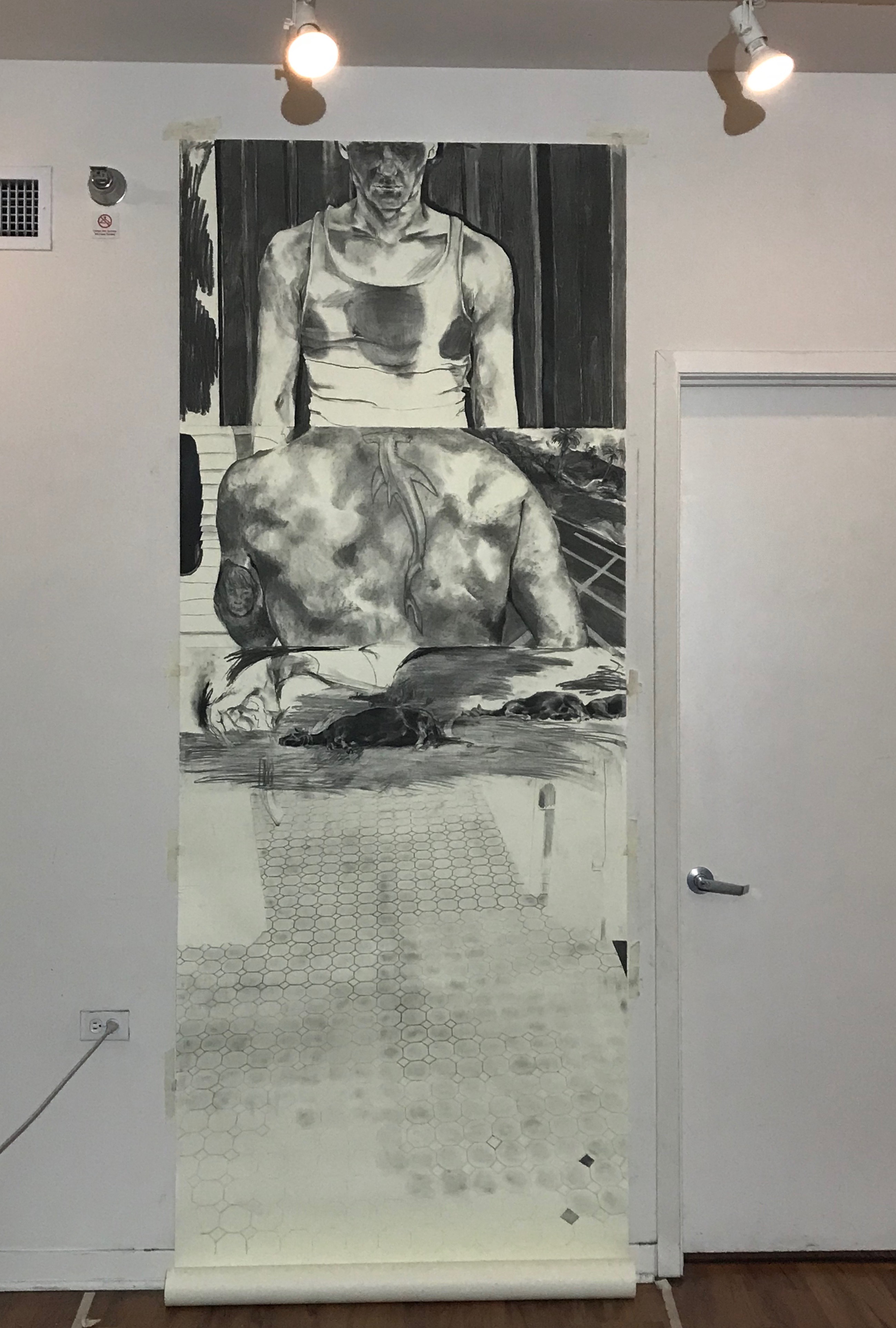 Ella Flood, Horses, Charcoal and graphite on paper, ~ 11’ x 3’, 2019