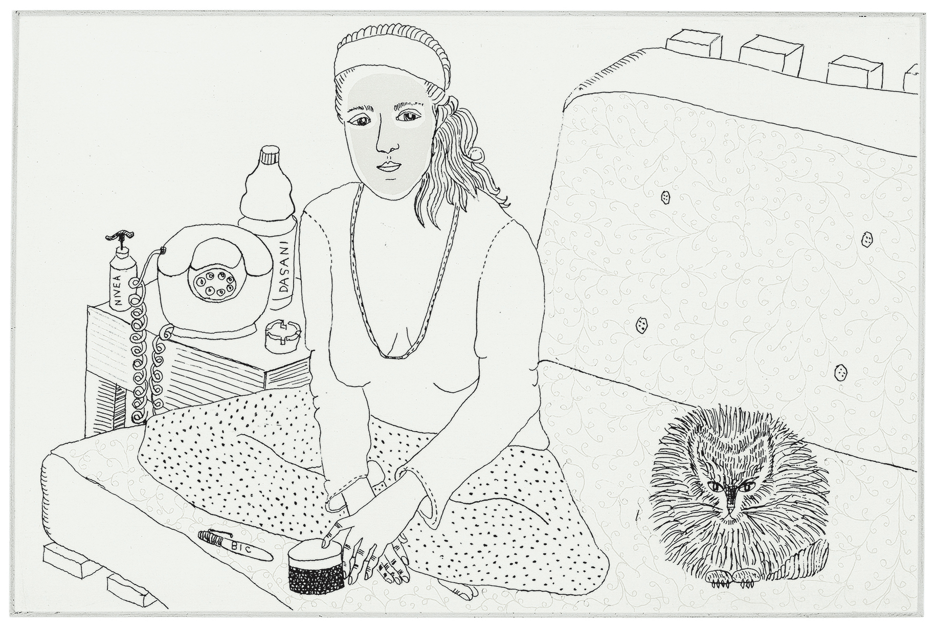 Genevieve Doing a Mud Mask on the Futon-Couch with Prudence, 2004. Etching; 4 &times; 6 inches