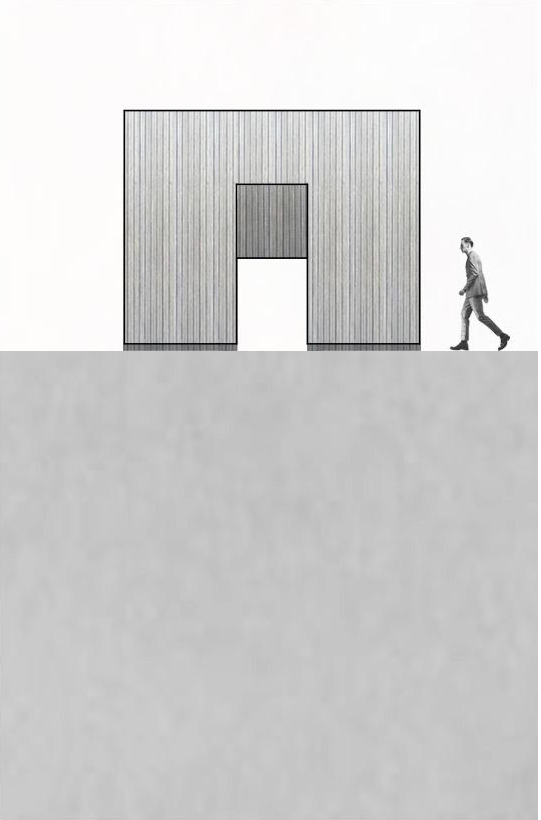 1) Standing in the city, looking through the building on the framed picture of the water. 