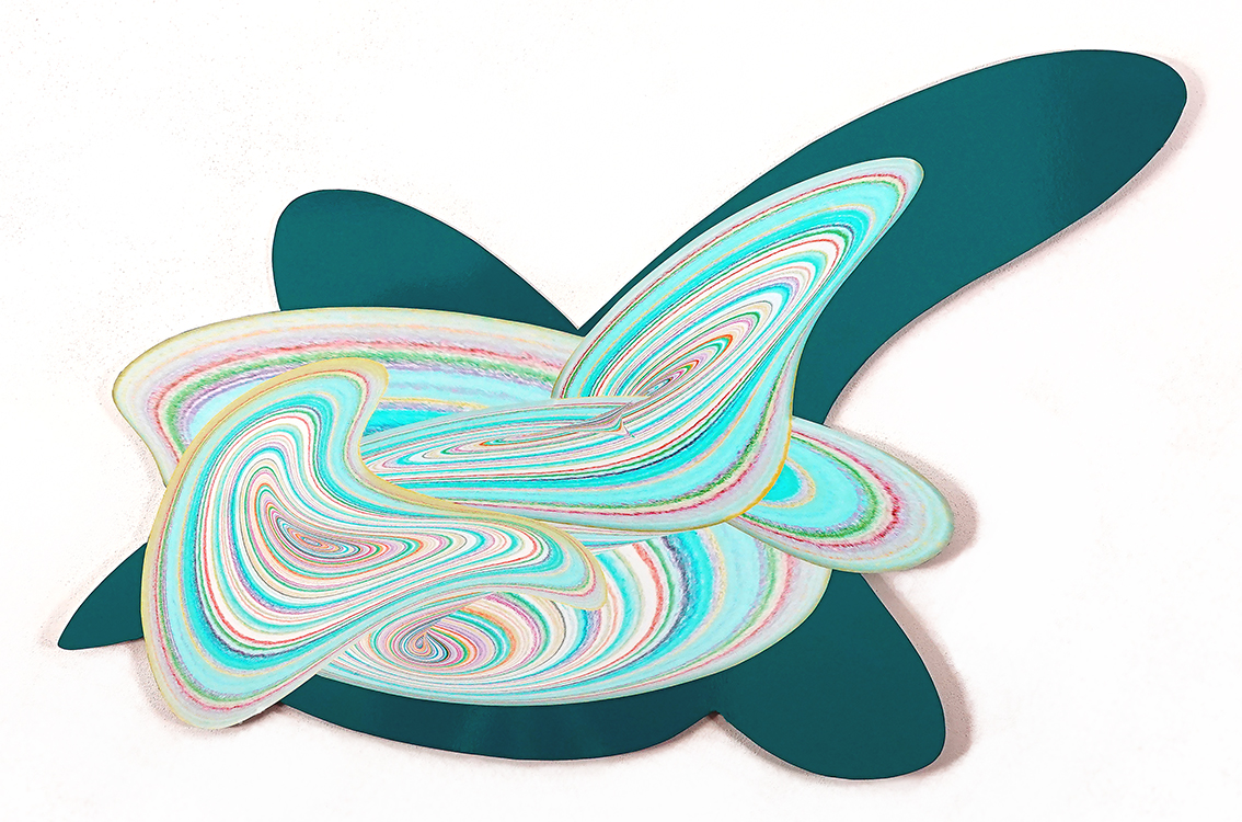 DESSIN SPACEMAKER Forme 6 vert – 2025. 53 x 82 cm. Travail digital imprimé d’après dessin crayon, et encollé sur support semi-rigide découpé.
