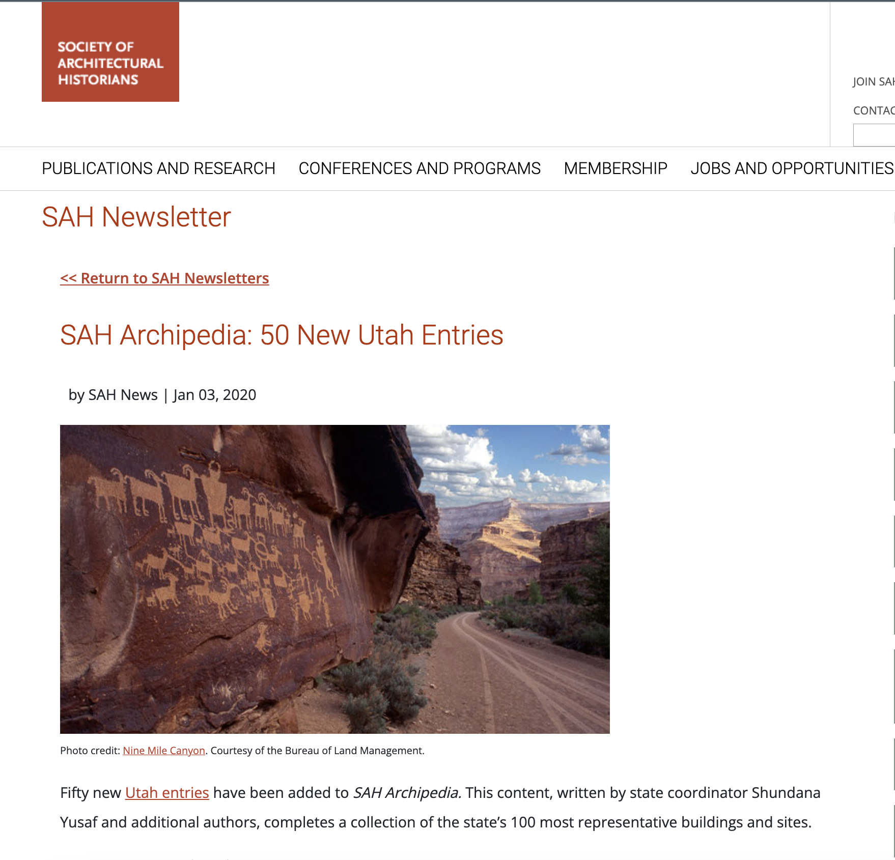 SAH’s announcement of the publication of the First 50 entries of SAH Archipedia Utah