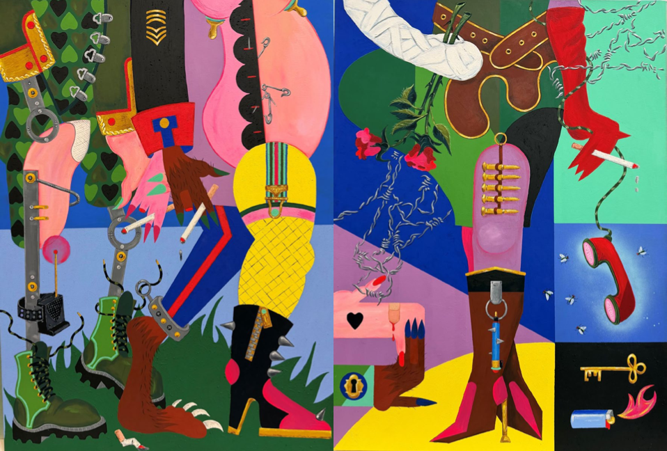 Timothy Siciliano,  Drill de Pr&eacute;sentation avec Pertes Acceptables (Presentation Drill with Acceptable Losses) (Diptych), 2025, Acrylic, flashe, spray paint, and Kremer Pigments on canvas, 40 x 90 in.