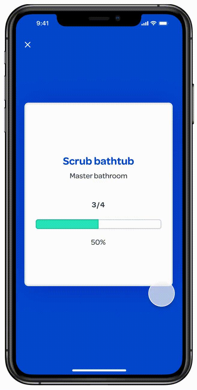 Cleaning session design where user proceeds through chores by swiping.