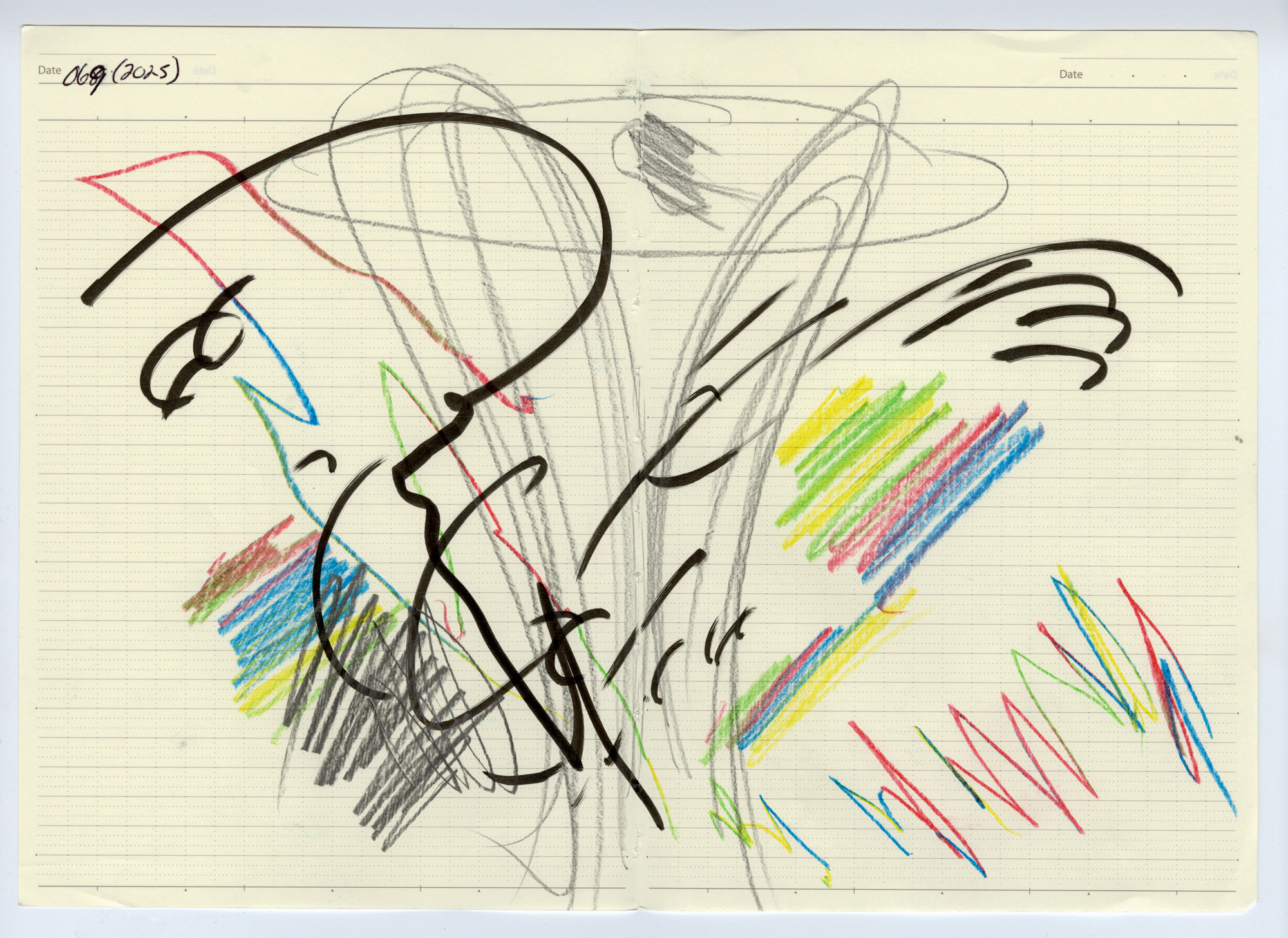 069. 2025. Graphite, colored pencil, and marker on ledger paper. 11.5" by 7.875"