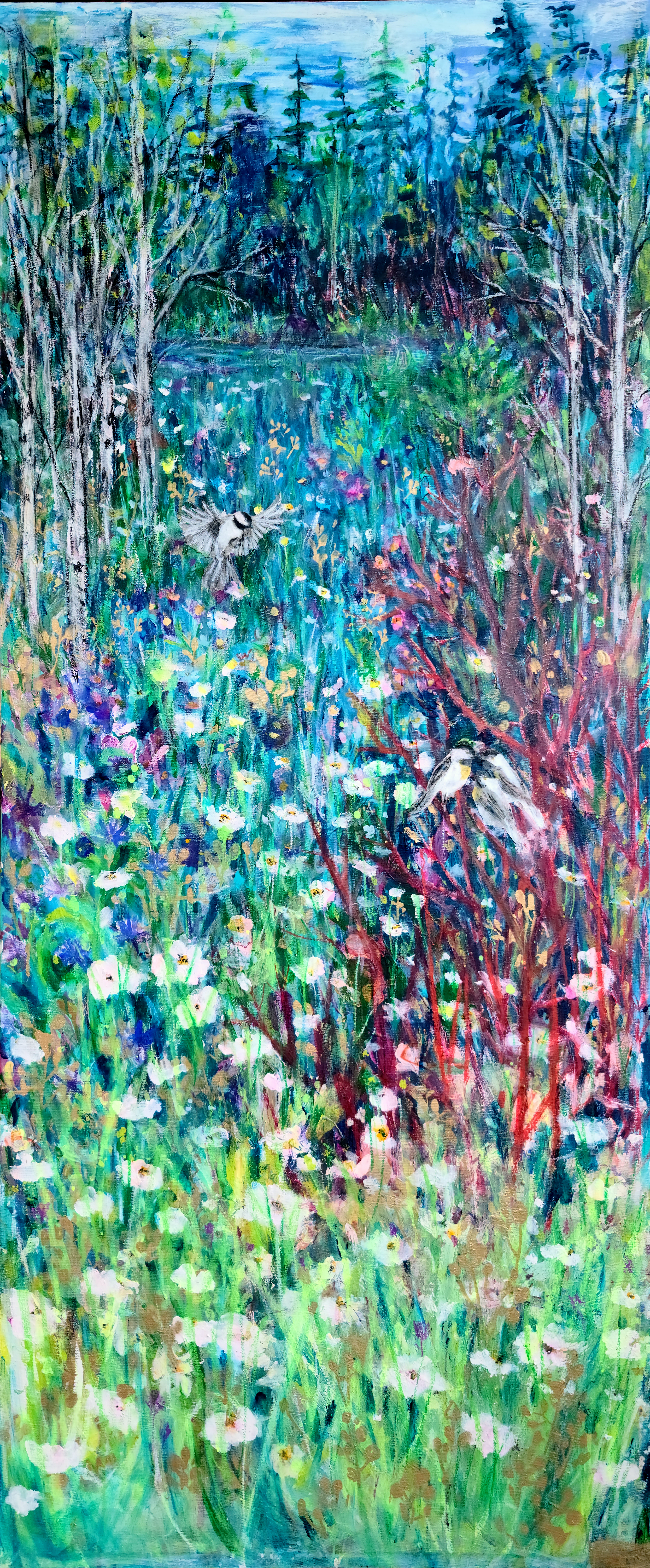 Long vertical painting of many white flowers in the fore and middle ground with evergreen and white barked trees in the background. Three chickadees are portrayed sitting on branches in the middle ground as one chickadee flies above..