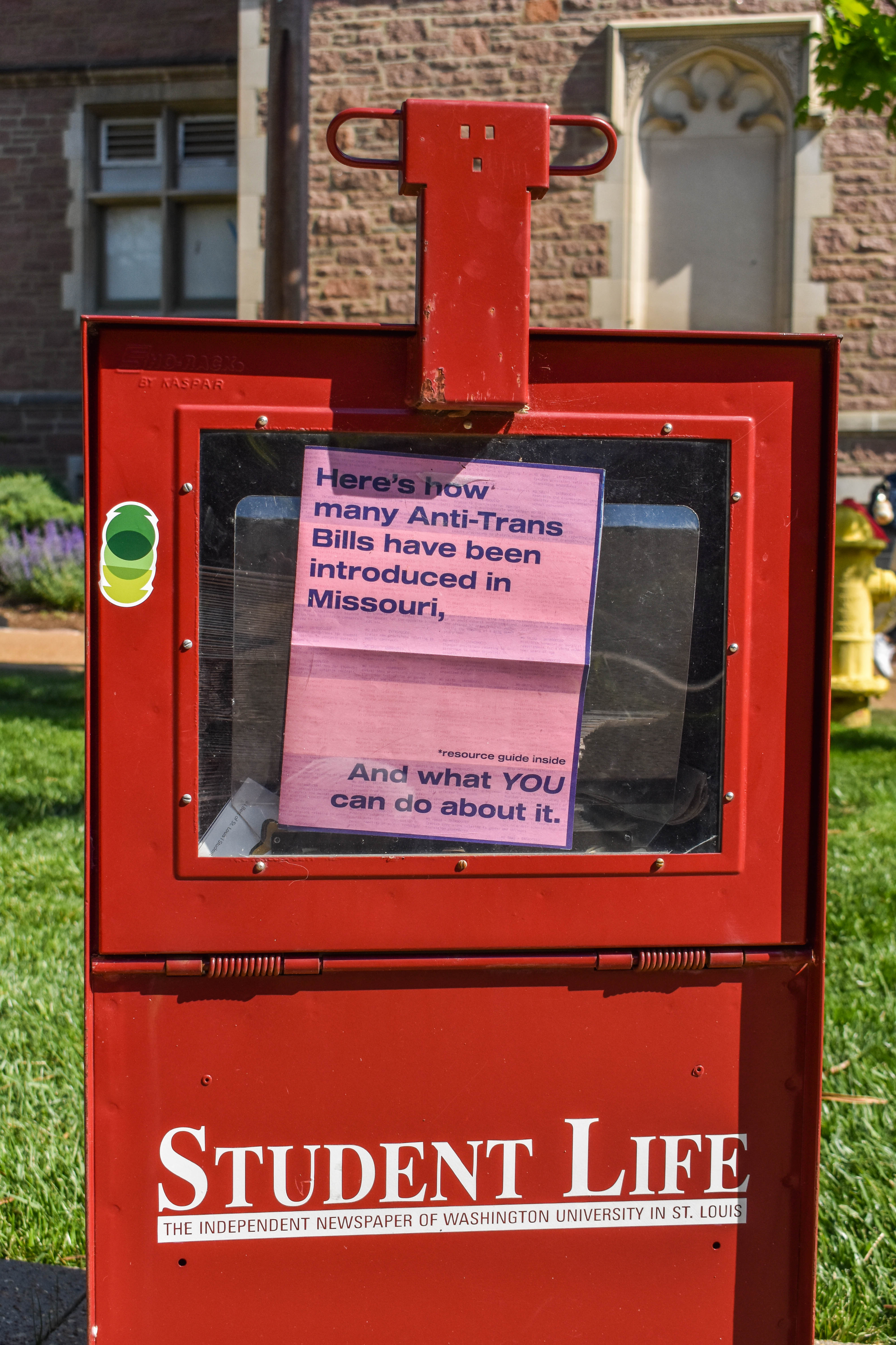 got pissed about the anti-trans legislation in MO, so i put up these mini newspapers with action items and resources around campus