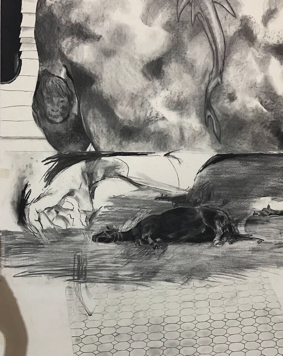 Ella Flood, Horses, Charcoal and graphite on paper, ~ 11’ x 3’, 2019