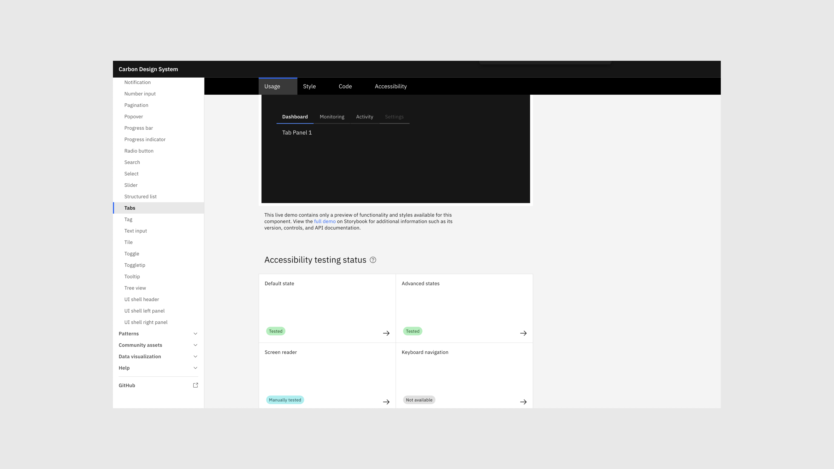 Accessibility testing status for the tab component in Carbon as of August 2024