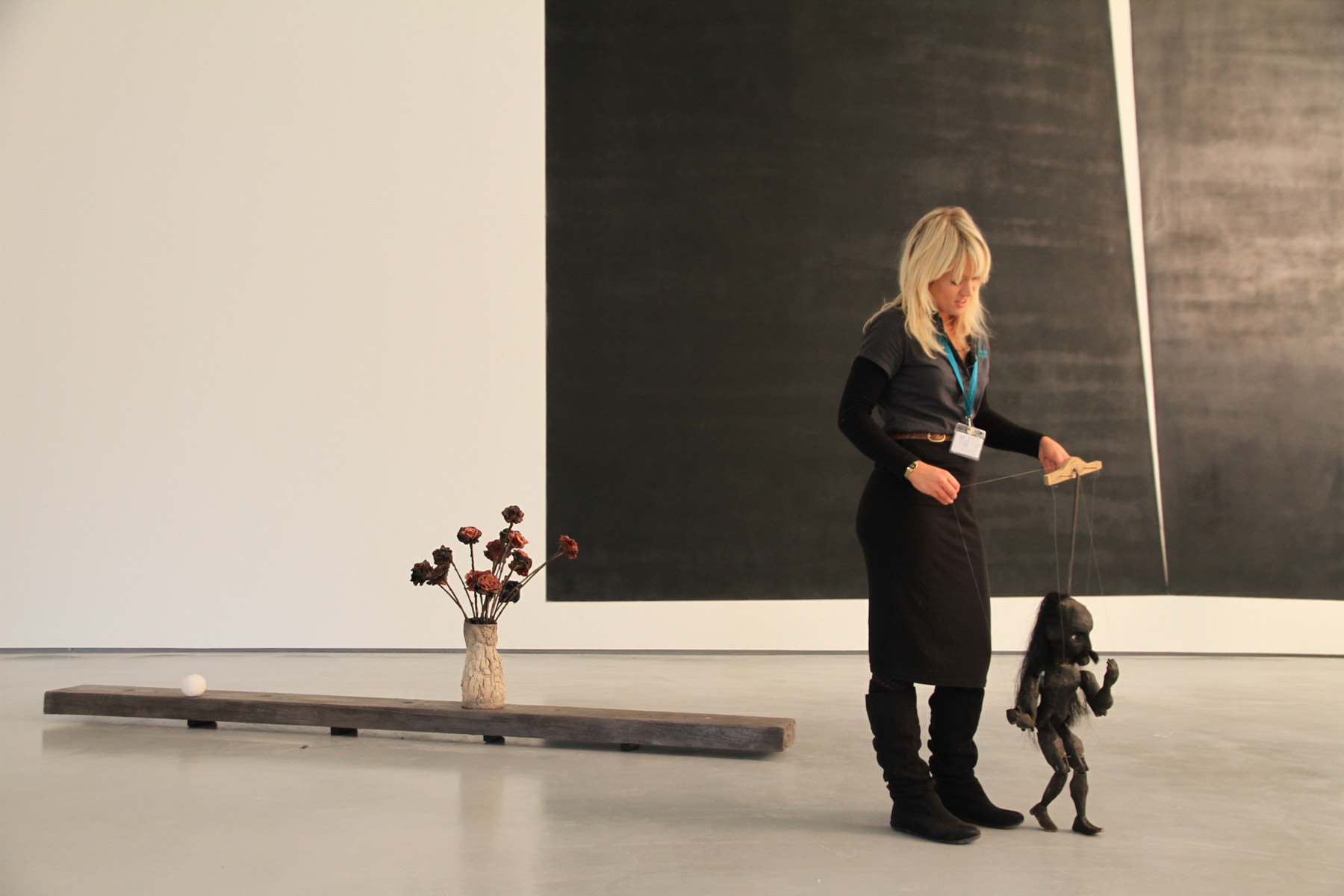 Large black wall work:The Warden,Carbonised bones, chimney soot, cliff chalk