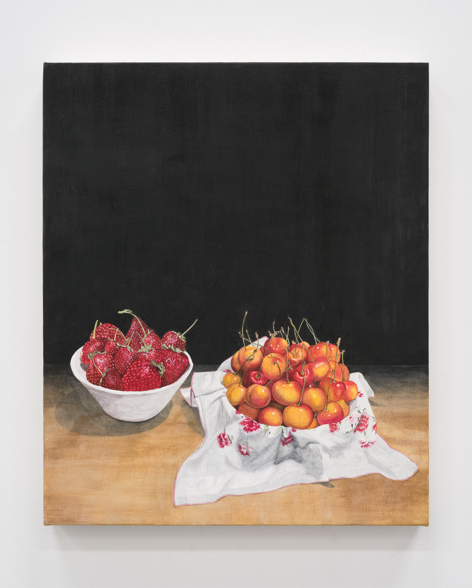 Still life with cherries and strawberries, 2018Watercolor and gesso on canvas, 18" x 15"
