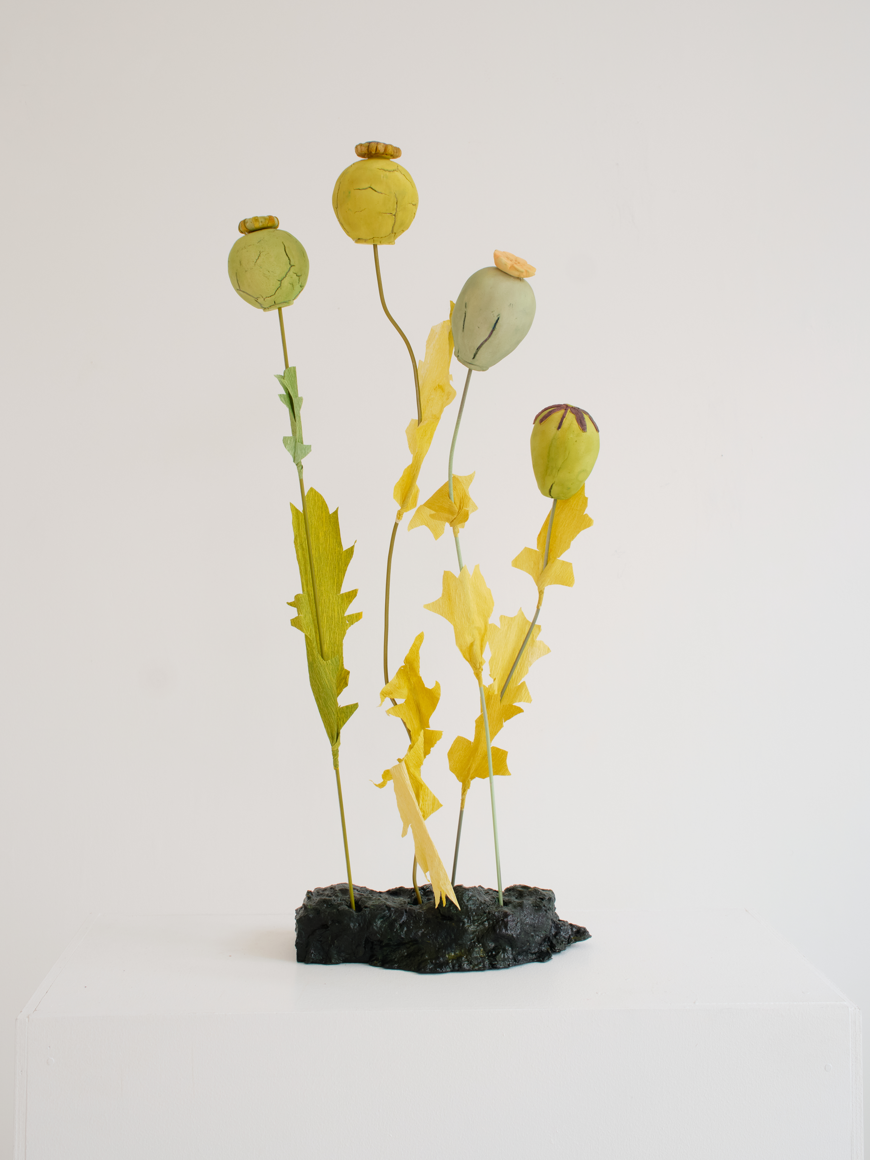 "Stand of Poppies - Quartet 2", dimensions variable, mixed media with wood and papier mache base, 2025. (SOLD)