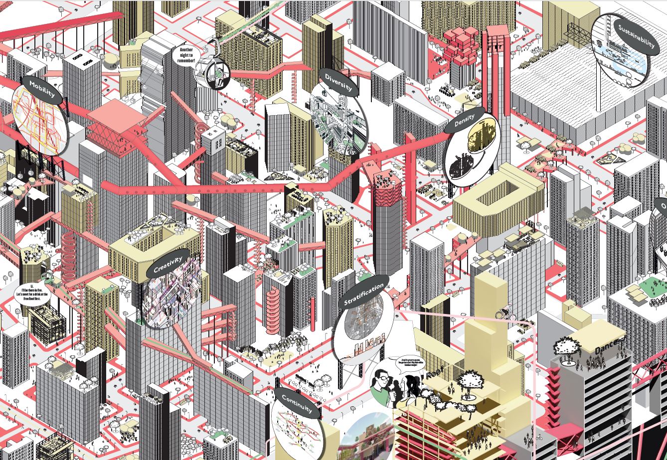 A close up of the wall image depicting the utopian future city