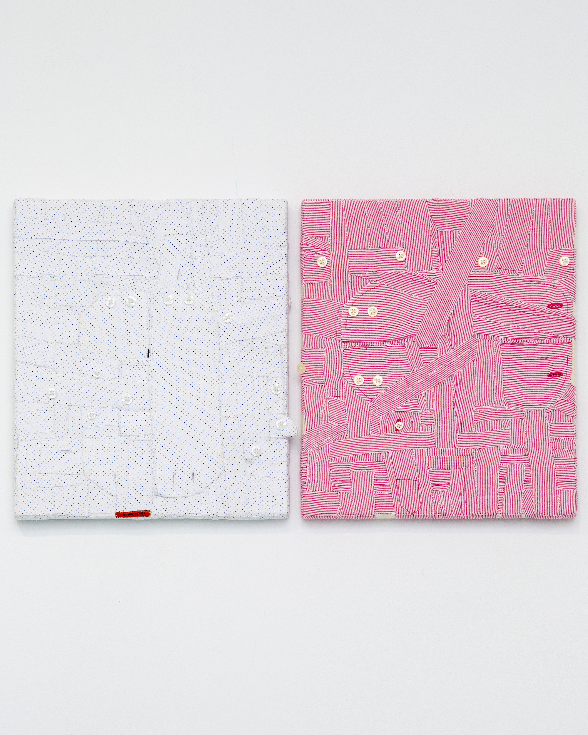 ’Célio & Dennis (Perfect Lovers), 2024. Deconstructed men’s shirts hand stitched over wooden stretchers 35 x 61 cm 