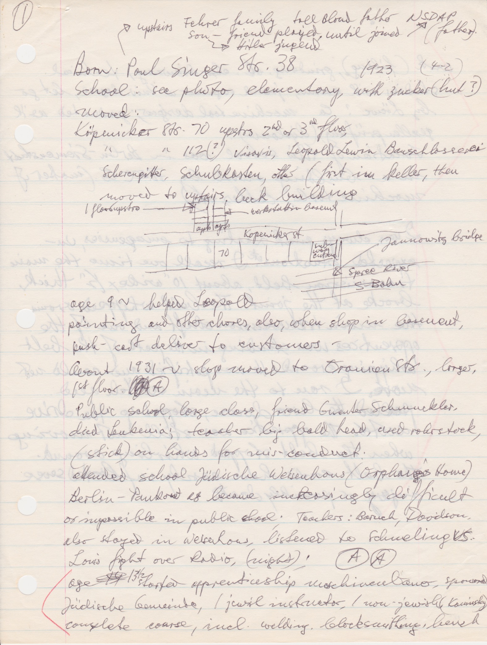 Early, handwritten notes about Bert's childhood in Berlin (1/5).