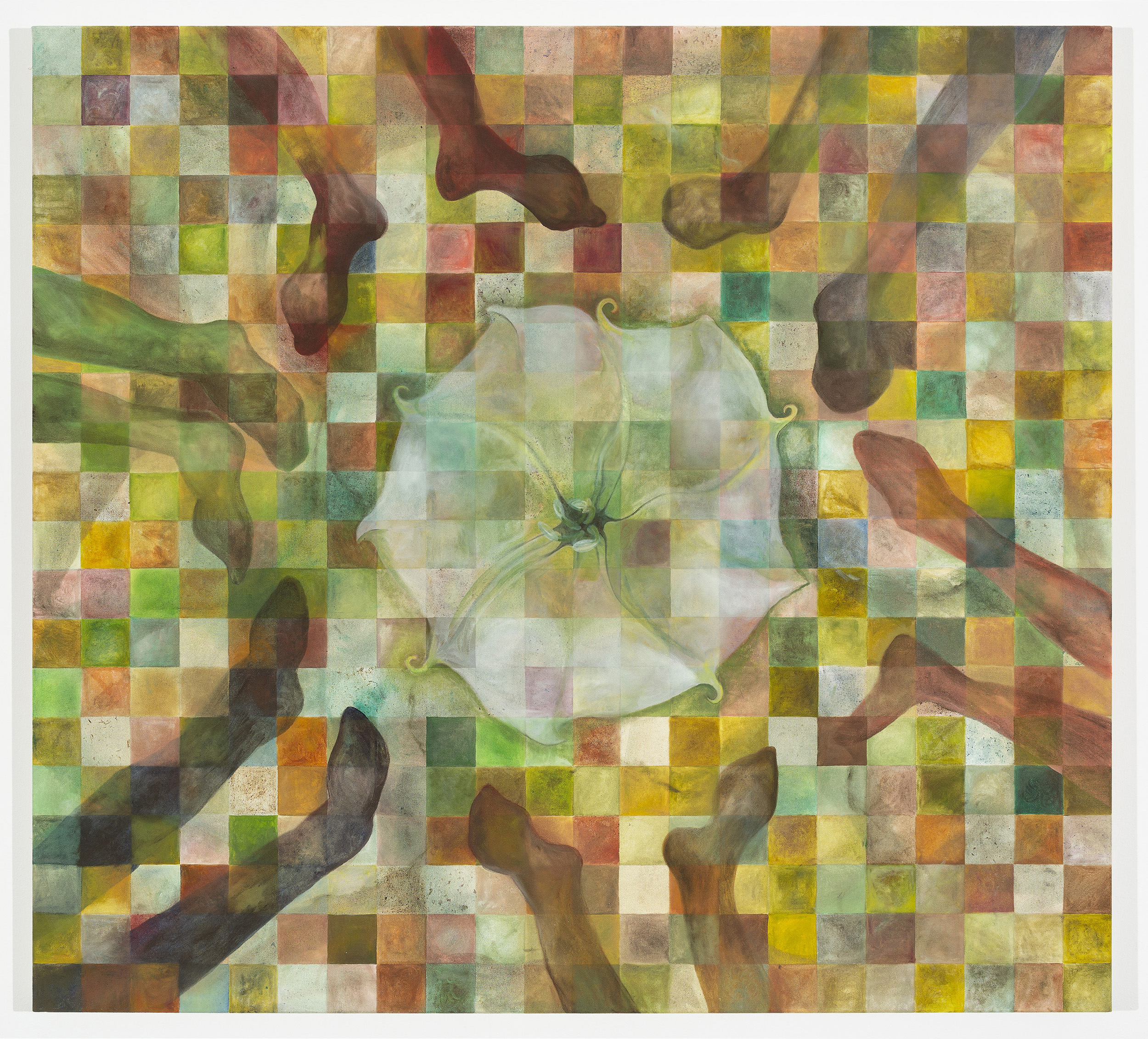 Here Below, 2019, Oil and flowers on canvas, 111.5 x 121.5 cm