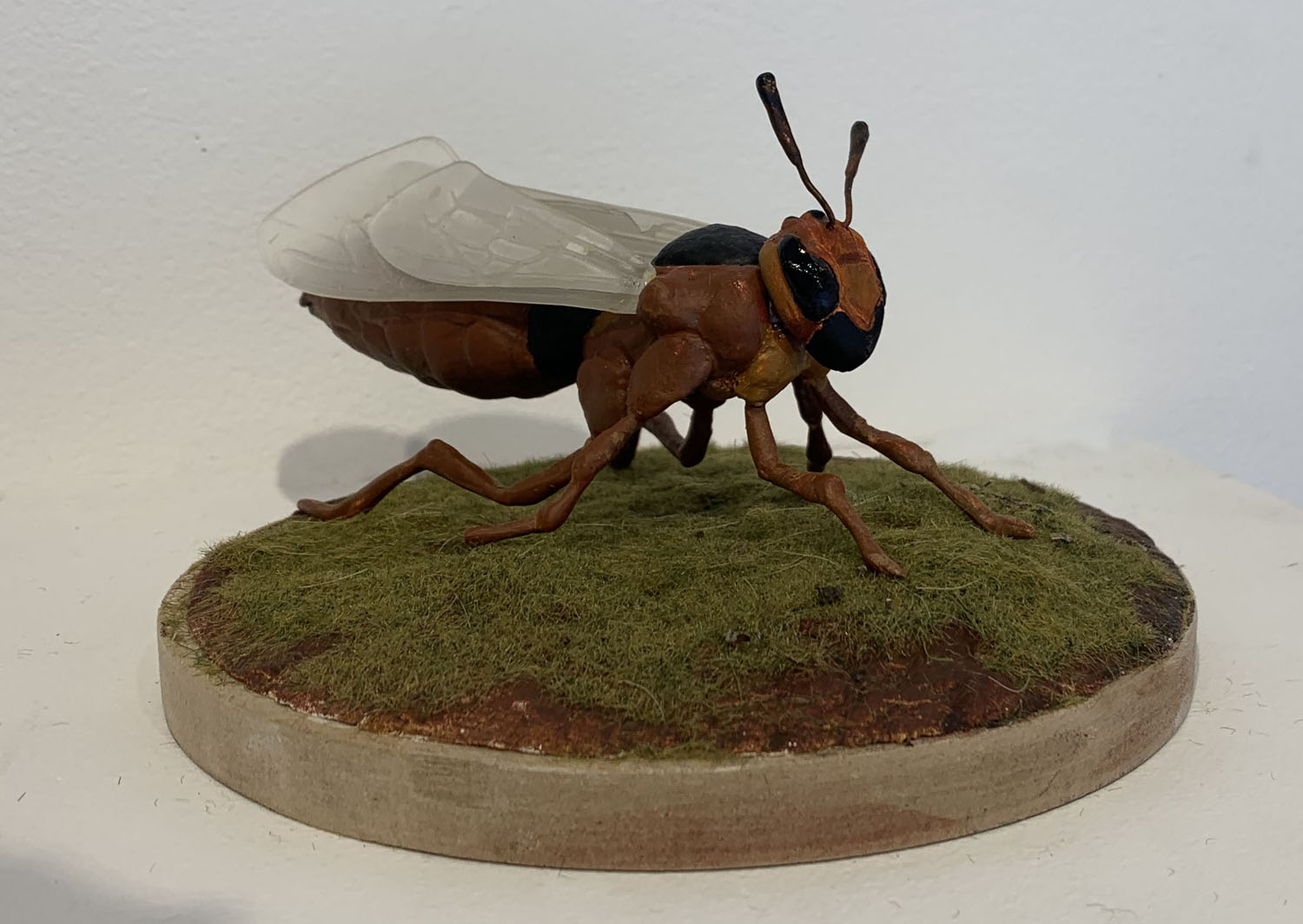American Giant Wasp2022, White Earthenware, Copper Wire, Resin, Acrylic Paint, Milliput, 6” x 3.5” x 3”