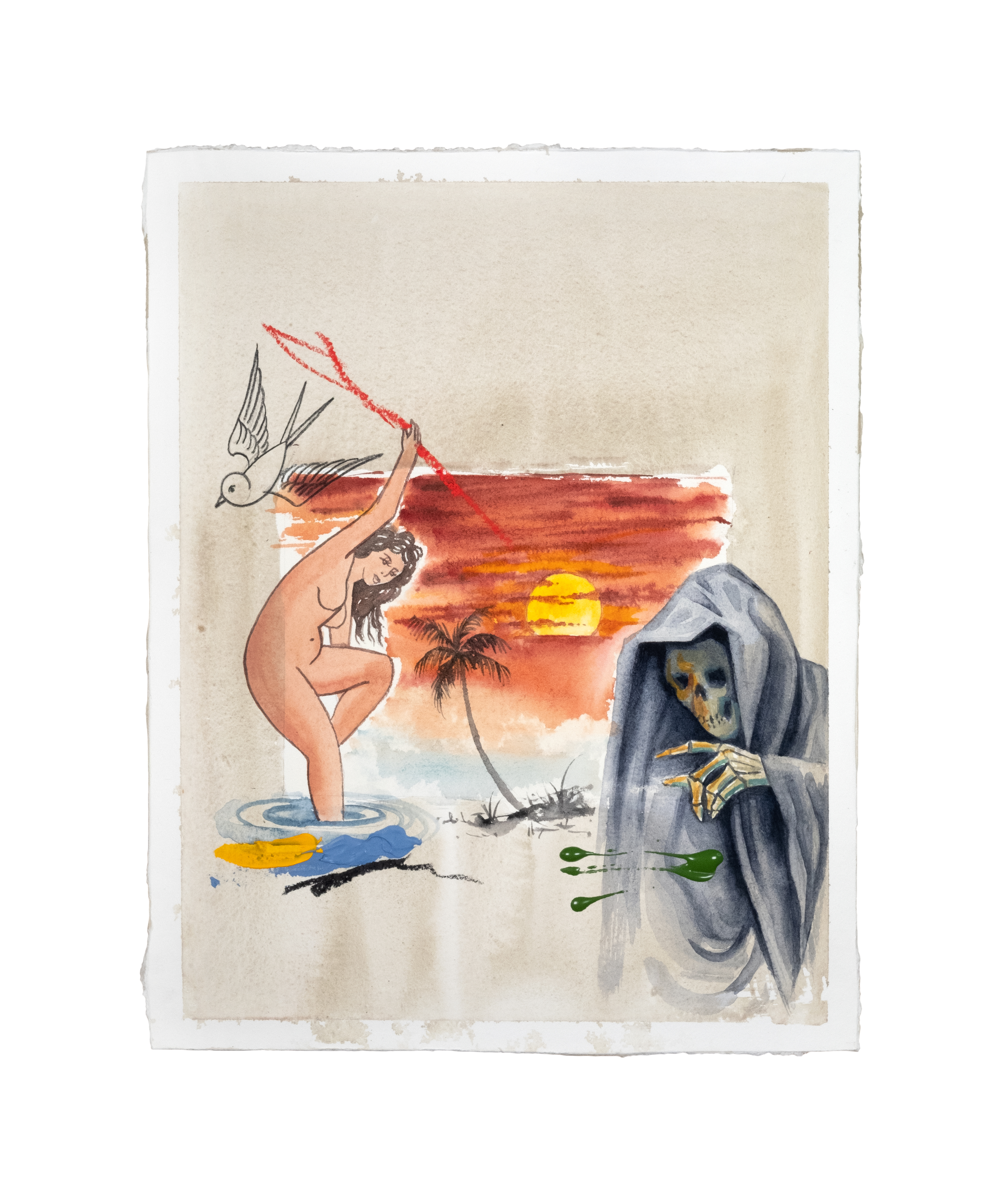 Wash Them All Away,&nbsp;2020Watercolor, Colored Pencil, Pastel, Charcoal and Acrylic on Arches Paper Adhered to Wood Panel14 x 11 inches (35.5 x 27.9 cm)🔴