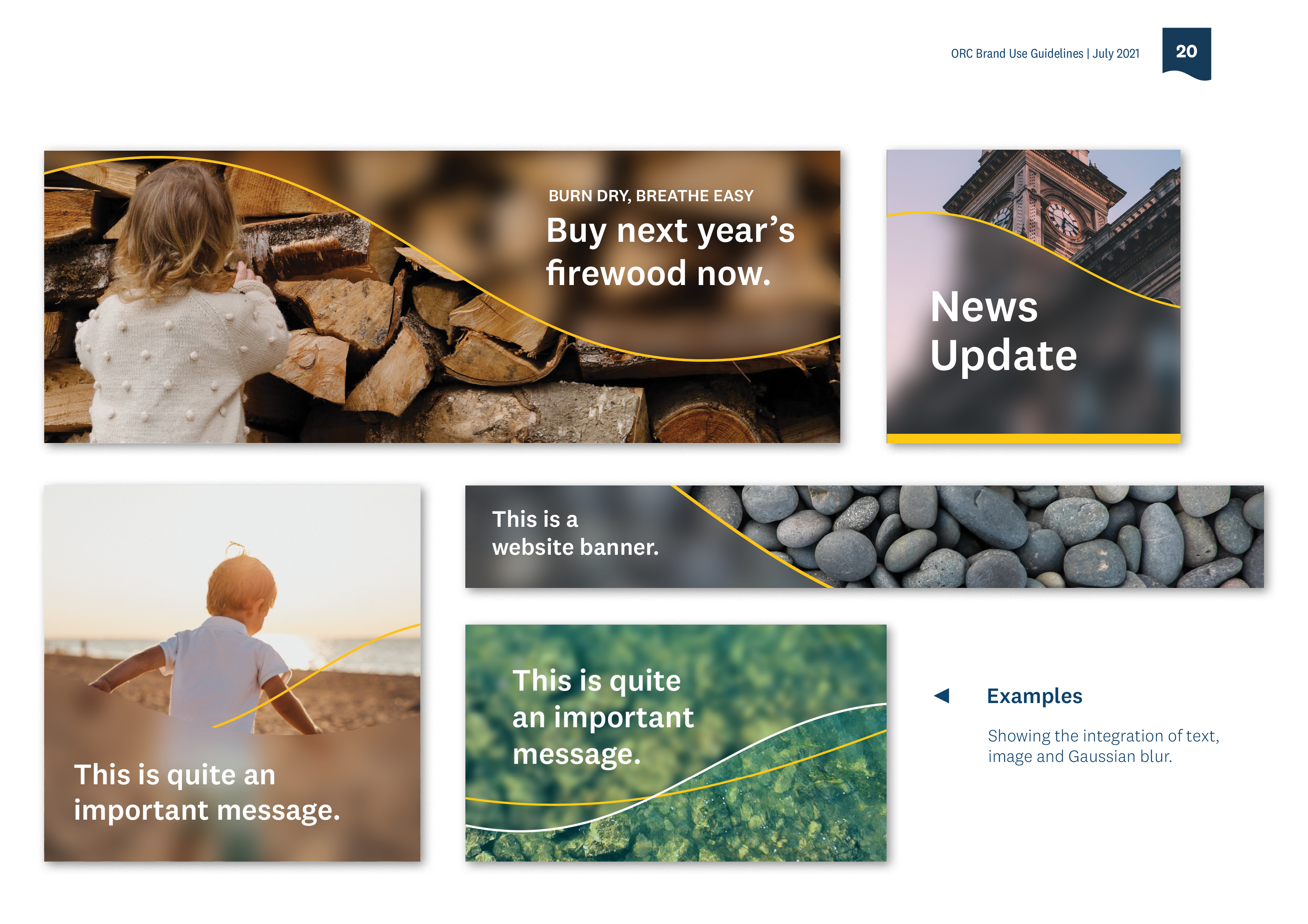 Example images from the ORC brand guidelines, showing how a gaussian blur can be applied over top of an image to increase text legibility.