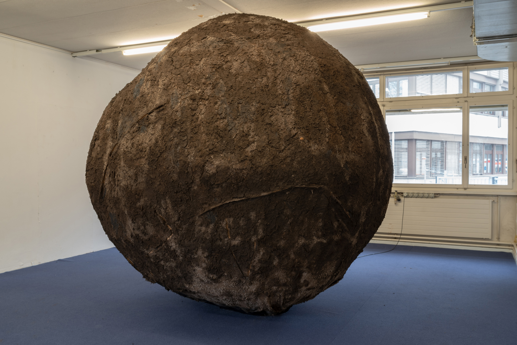 Pedro Wirz, Torradeira (2019) | Soil, wood and wire, 300 cm &oslash; | Installation view at Longtang, Zurich | Image courtesy of Longtang, photo by Stefan Burger