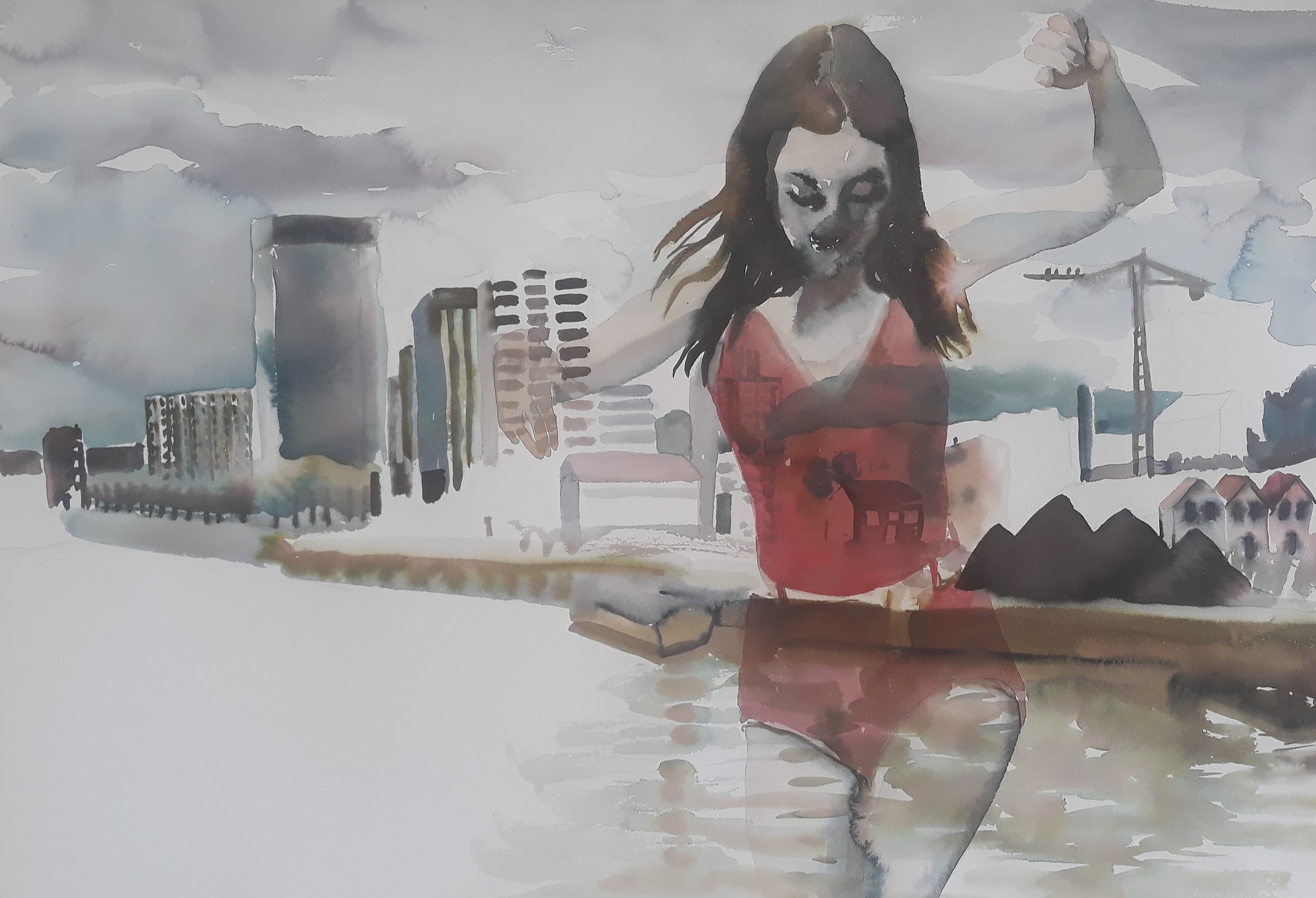 Girl on a beach, aquarelle, 60x80 cm, 2019