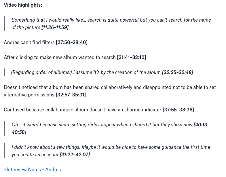Extract showing record of test highlights with quotes from participant