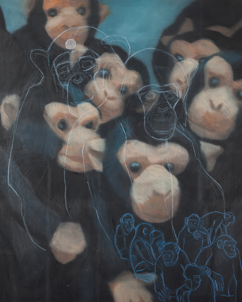 Top 8 Smartest Animals series: Chimpanzees, oil and colored pencil on paper, 14 x 18, 2010