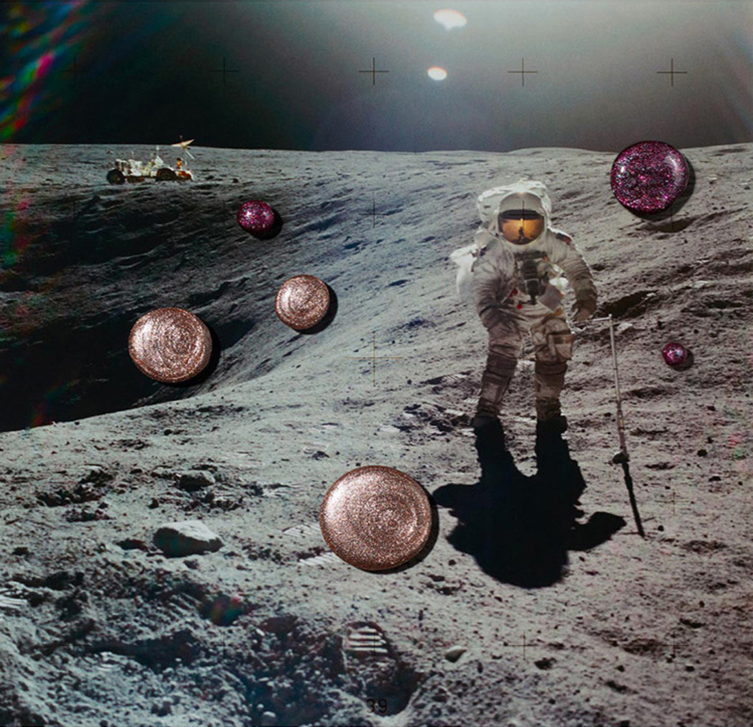 KMA stylist Sara Wacksman designs set for conceptual photo of an astronaut surrounded by purple dots for Pan & The Dream