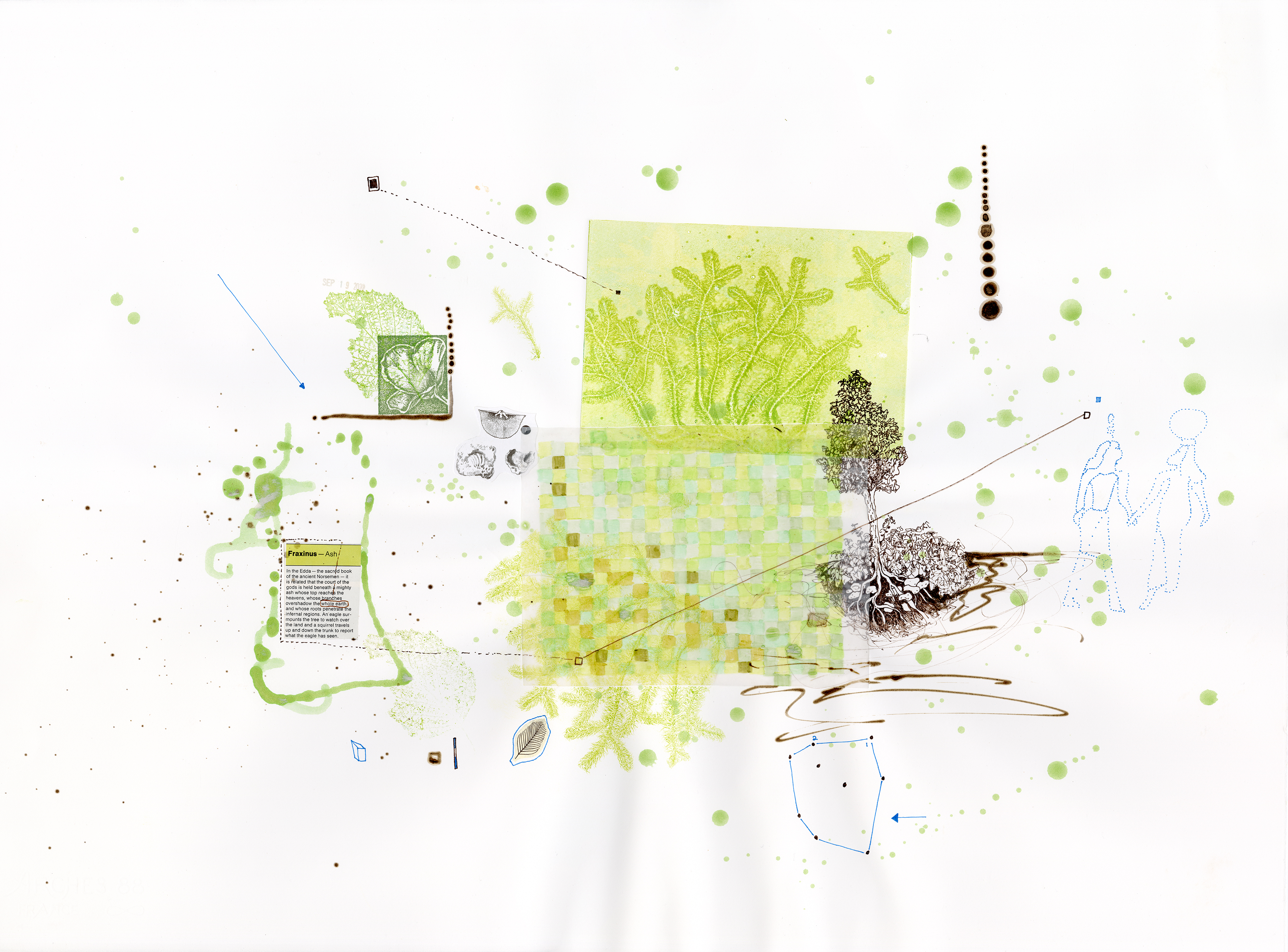 Drawing 37/56 from 56 days at the Dome House 22.5 x 30 inches, ink, Chine-collé, etching and stamps on Arches 88 paper - BUY