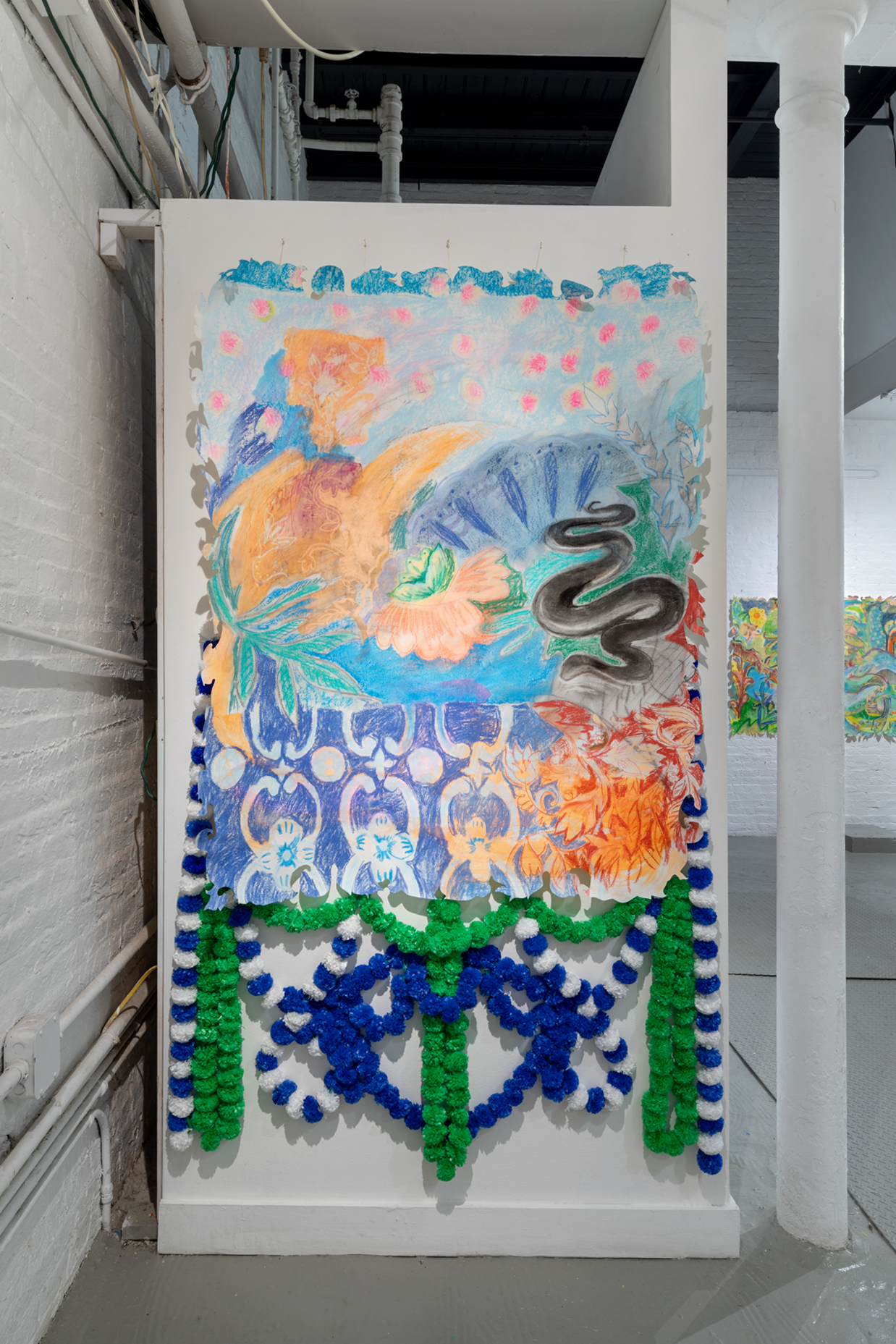ពស់ពួនក្នុងស្មៅ (Horizon), 2022. Mixed media (charcoal, soft pastels, acrylic) on paper cut-out, plastic garlands, 59h × 47w in / 83h x 40w in (with garlands). Photo by Mel Taing.