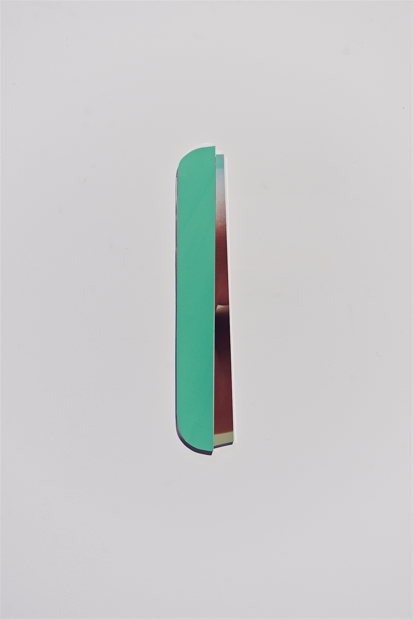 Text message green with fragment...new enlightened era coming soon, 2019 Gouache mixed with oxytocin, archival ink-jet print, mounted on acrylic glass approx. 10 1/4” x 2”