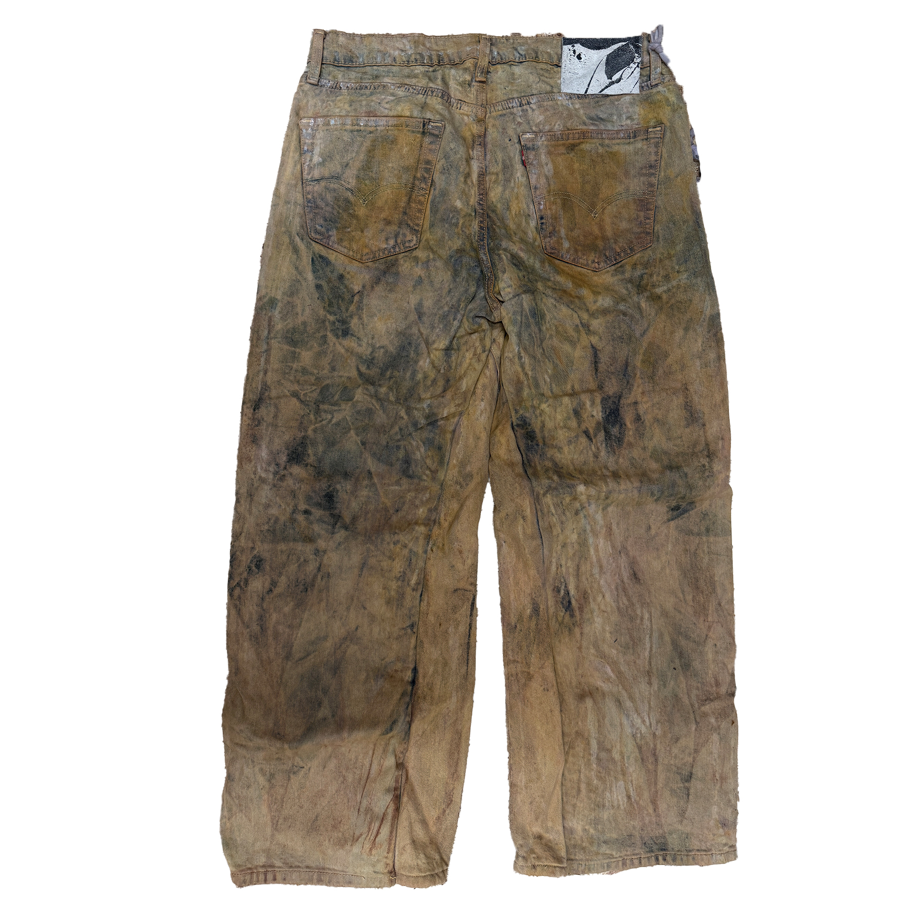 reclaimed vintage surplus denim screen printed with textile dye & various metals. tailored for straight/wide fit. fitted with custom keychain, scrap chain, and leather patches